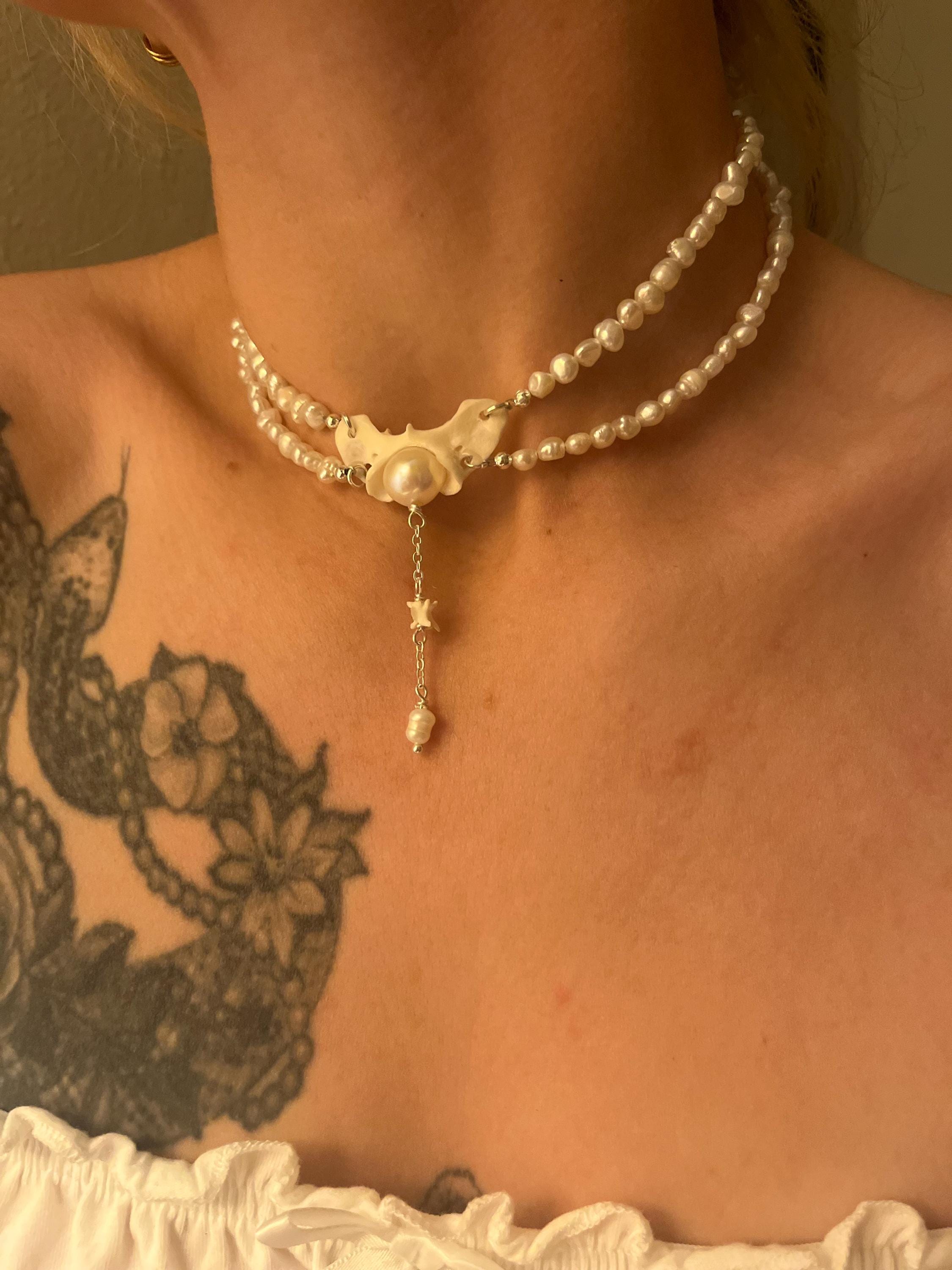 Fox Atlas Bone & Pearl Double Strand Choker – Sterling Silver – Rattlesnake Vertebrae Accent