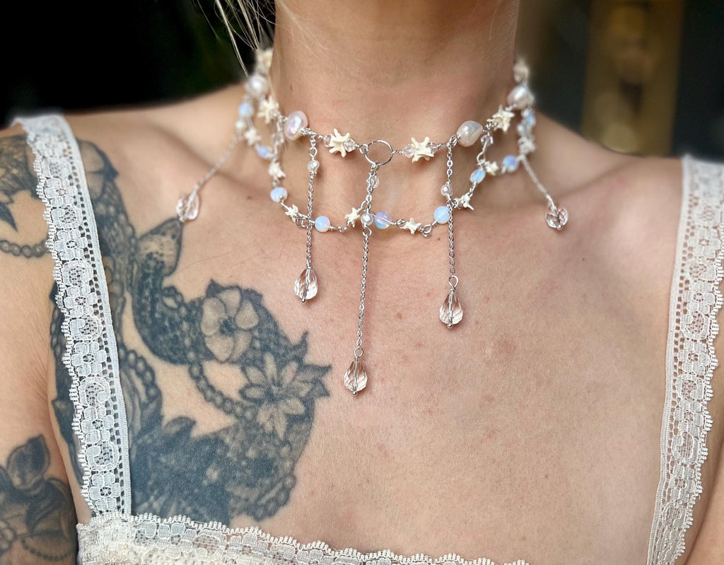Opalite & Crystal Necklace – Freshwater Pearl, Rattlesnake Bone, Sterling Silver Draped Choker – 13–15”