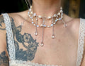 Opalite & Crystal Necklace – Freshwater Pearl, Rattlesnake Bone, Sterling Silver Draped Choker – 13–15”