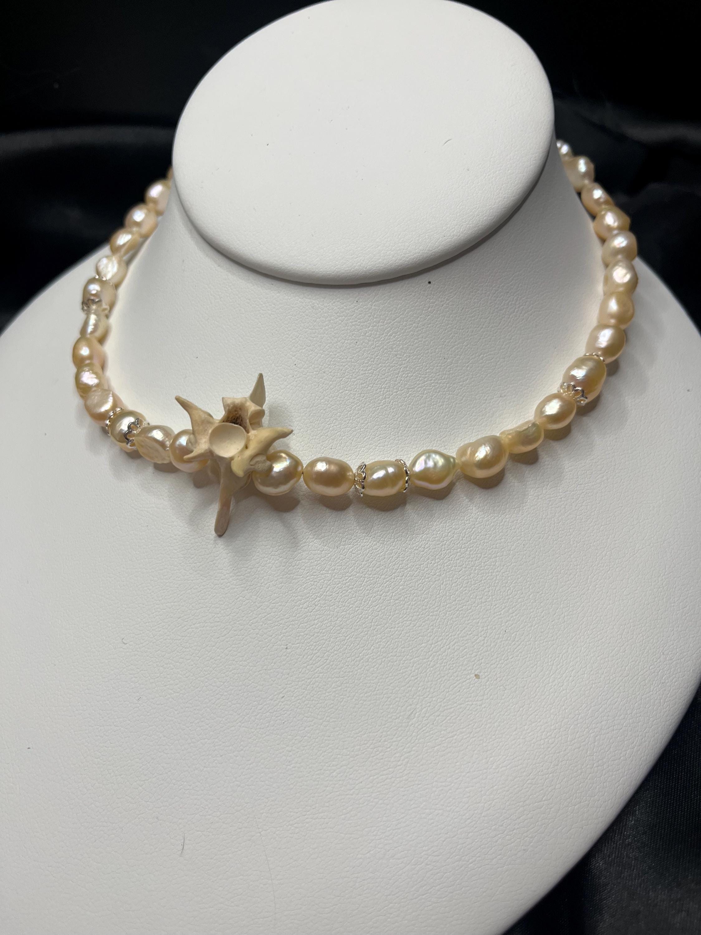 Blush Pink Freshwater Pearl Necklace with Rattlesnake Vertebrae and Gold Accents, 14.5–16.5”