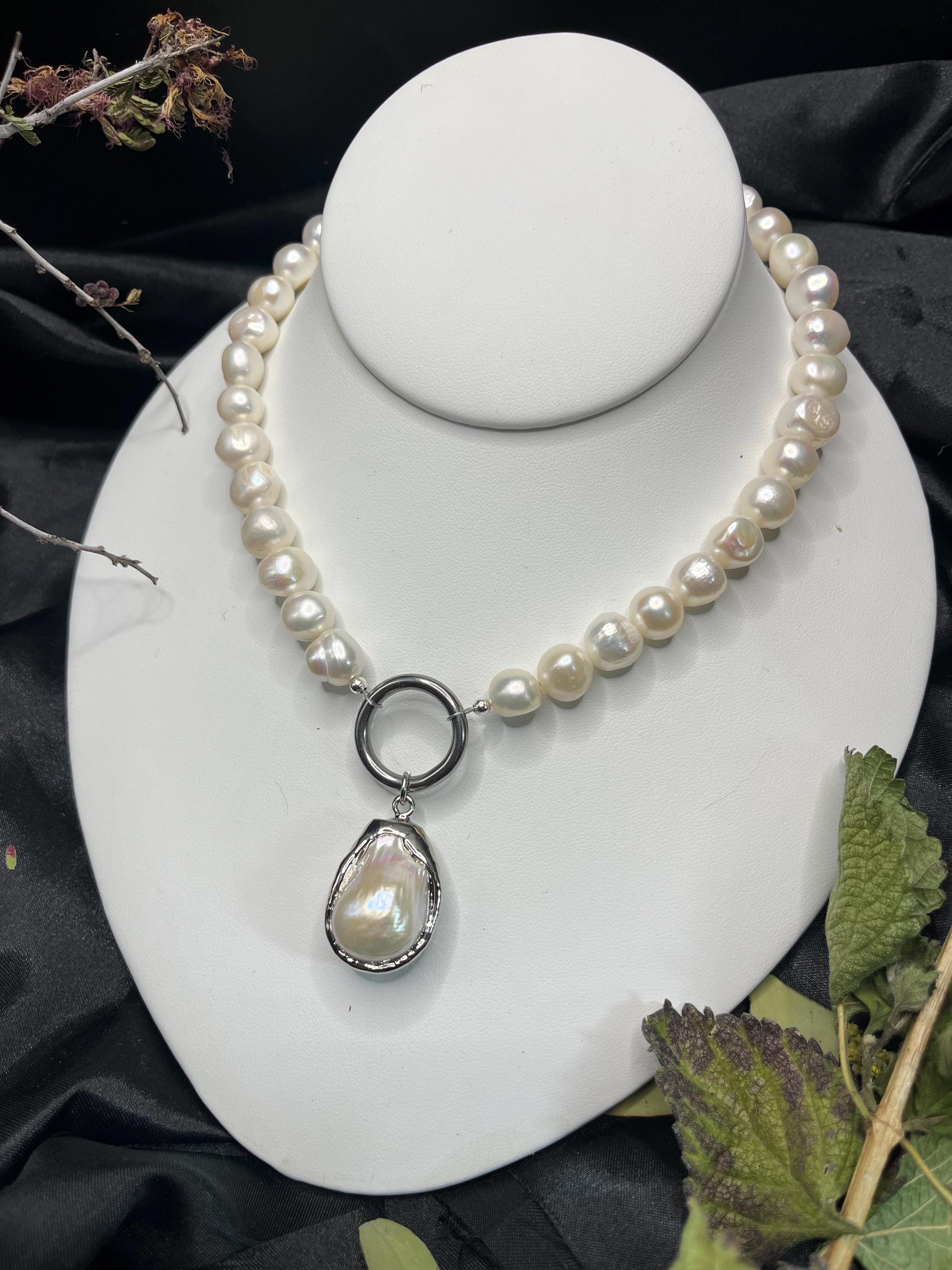 Freshwater Pearl Necklace with Stainless Steel Hoop and Baroque Pearl Drop