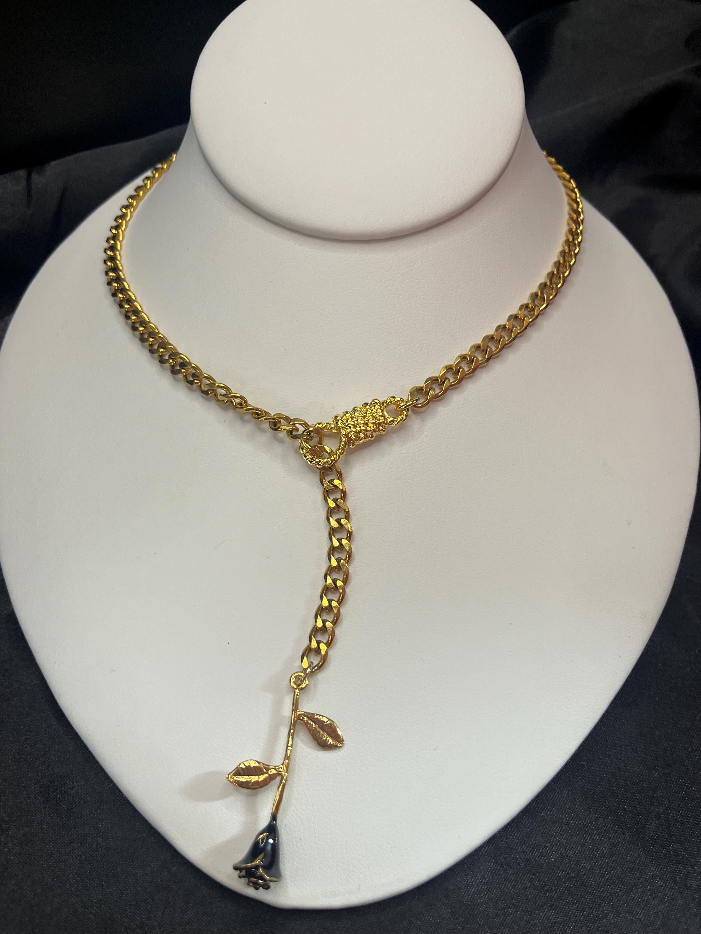 Rose Lariat Necklace | Gold Plated Cuban Chain | Rope Lariat Drop | 18”