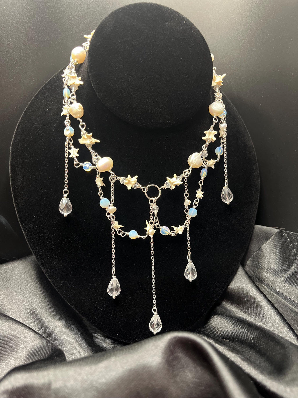 Opalite & Crystal Necklace – Freshwater Pearl, Rattlesnake Bone, Sterling Silver Draped Choker – 13–15”