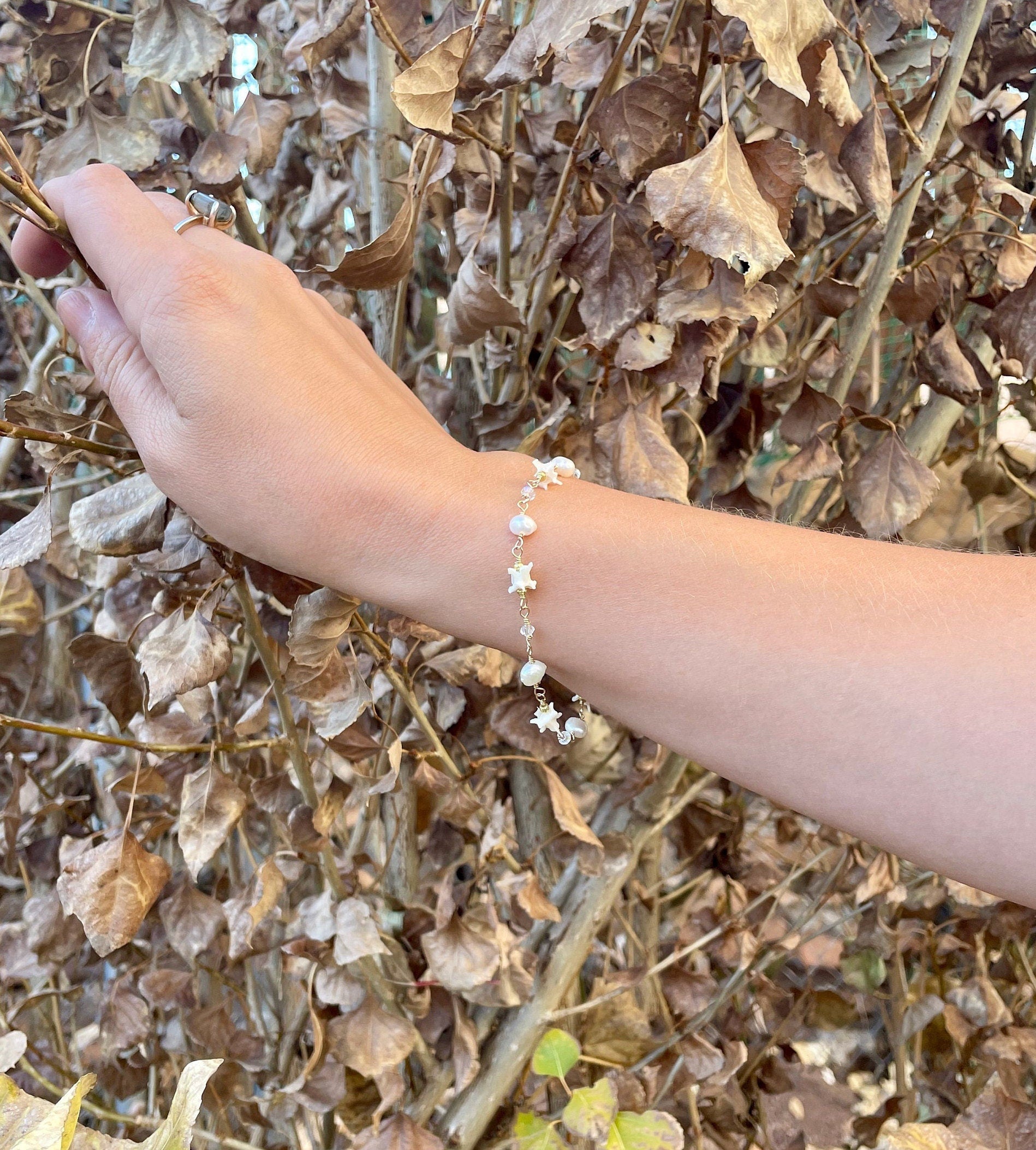 Wire Wrapped Rattlesnake Vertebrae and Pearl Bracelet