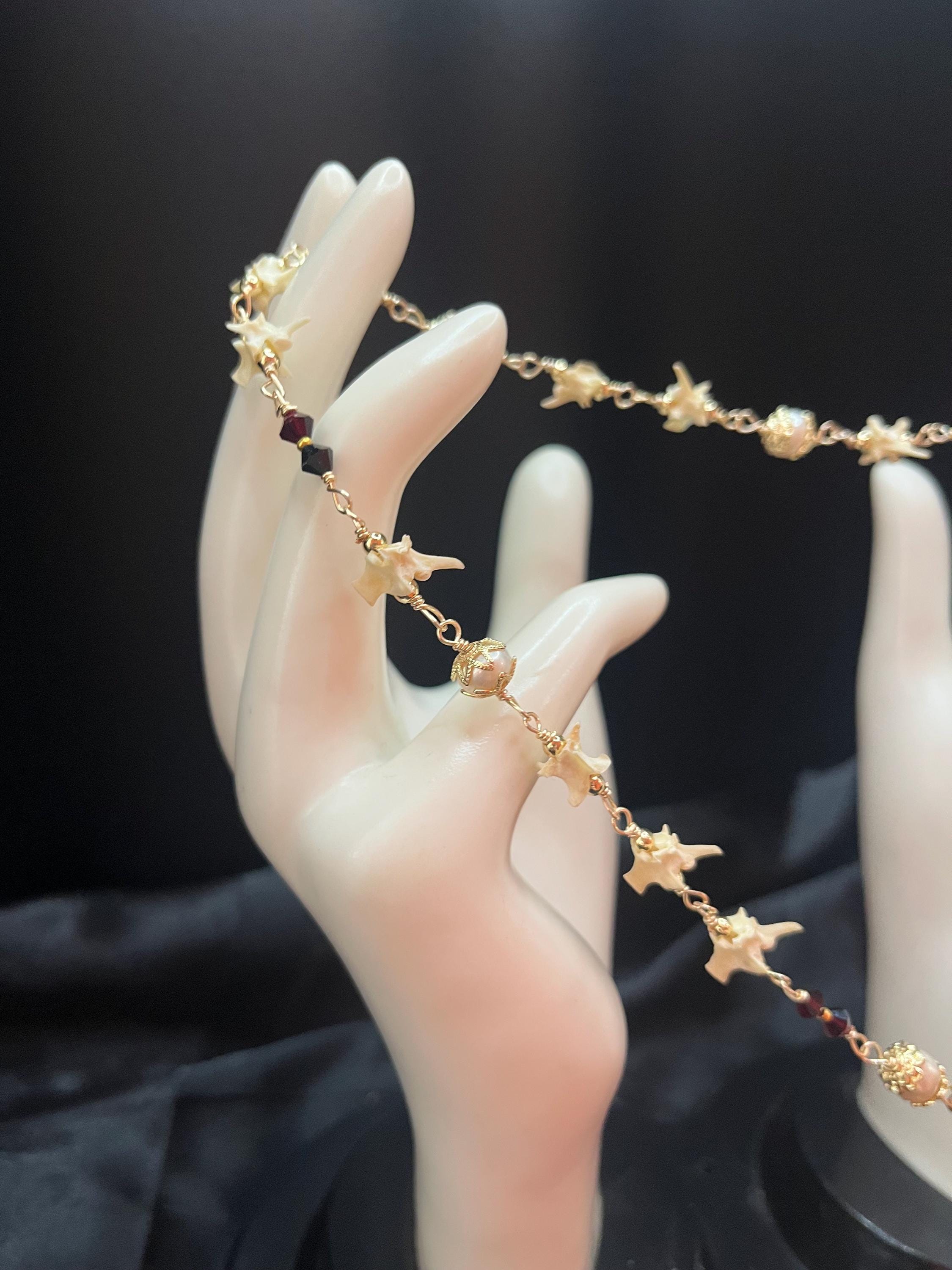 Locket Lariat Necklace | Snake Vertebrae + Garnet Crystal + Freshwater Pearl | Gold Plated | 25”