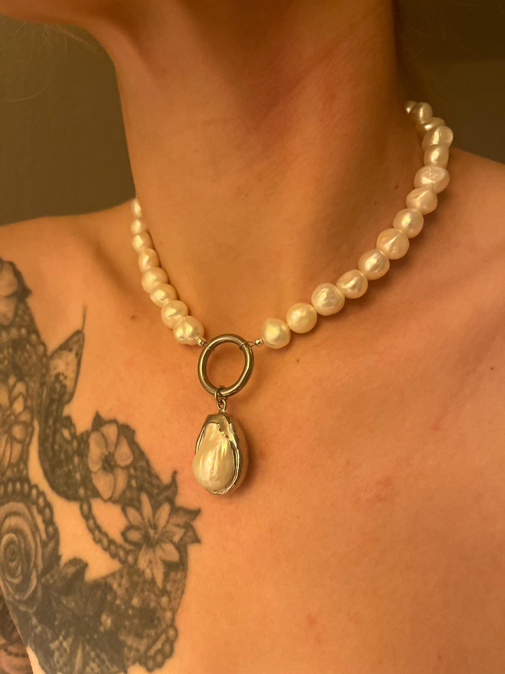 Freshwater Pearl Necklace with Stainless Steel Hoop and Baroque Pearl Drop
