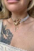 Antique Gold Filled Brooch Necklace with Freshwater Pearl Multi-Strand Choker, 13–15”