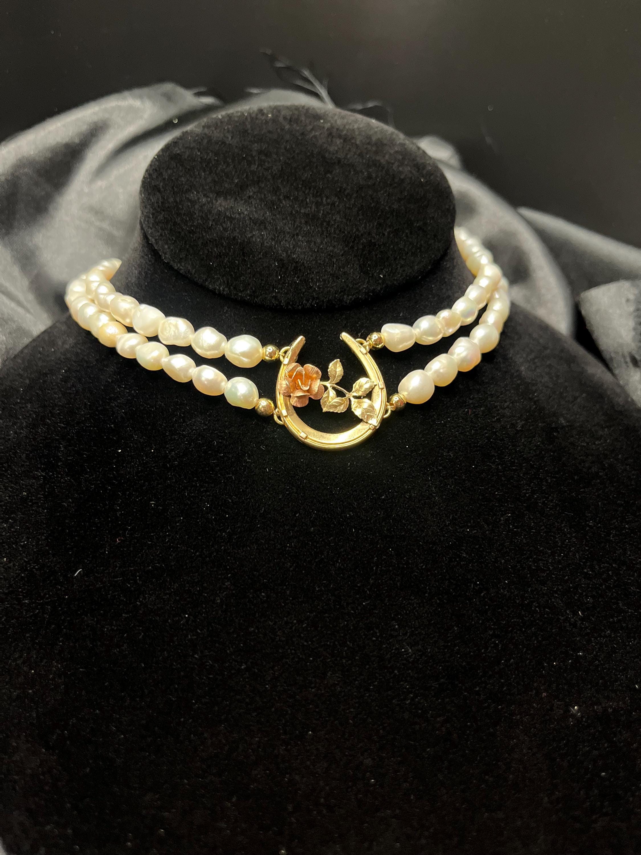 Antique Horseshoe Brooch Necklace with Double Strand Freshwater Pearls, 14–16”