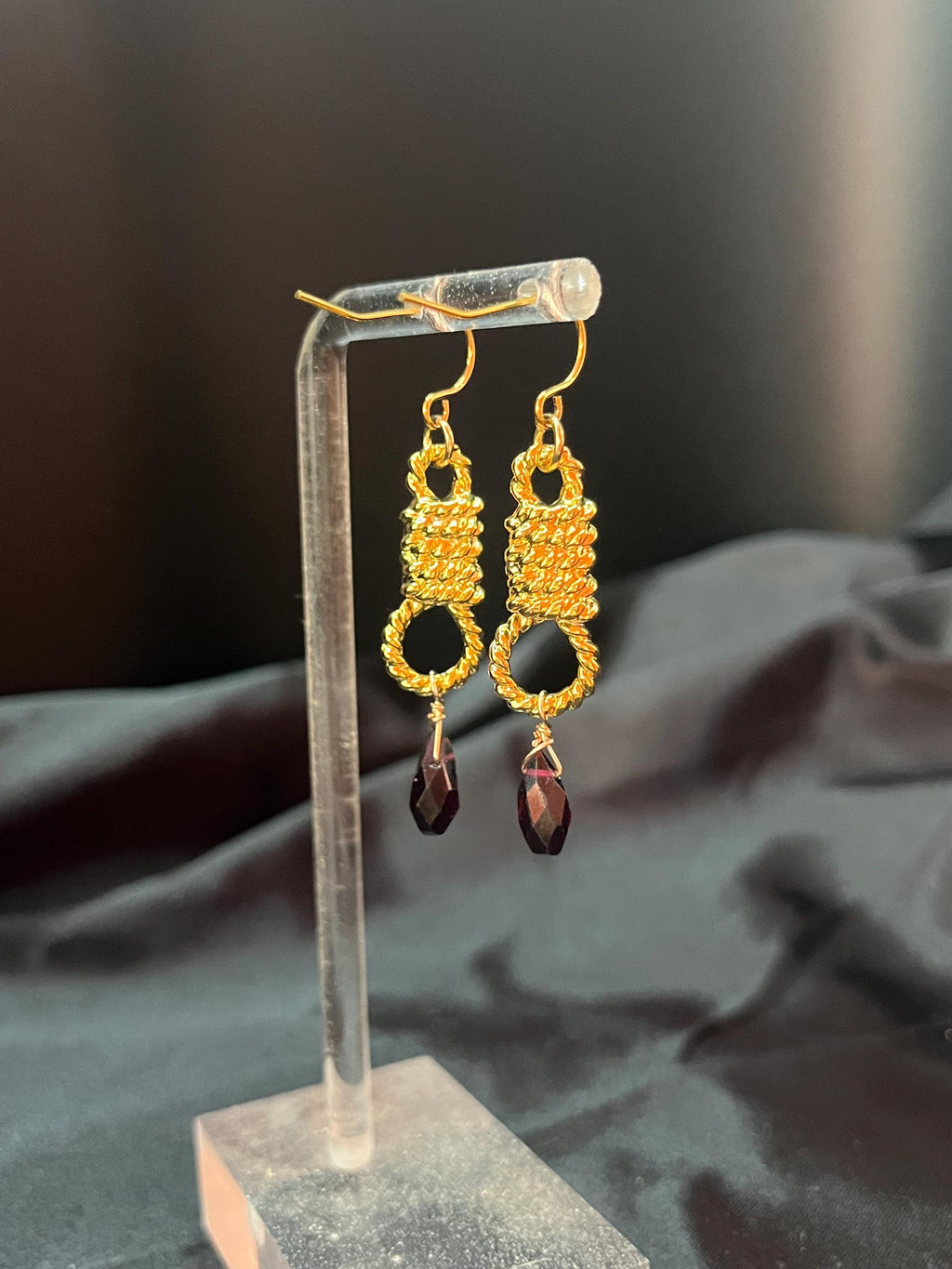 Garnet Noose Earrings | Gold or Silver Plated | Red Garnet Drop | Hypoallergenic