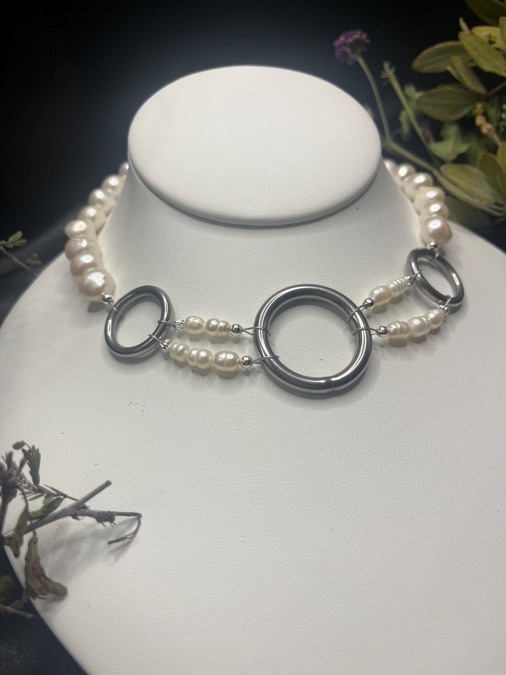 Freshwater Pearl Choker Necklace with Stainless Steel Hoops | Adjustable 14.5–16.5”