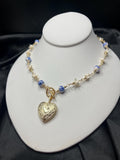 Rattlesnake Vertebrae Necklace with Blue Floral Ceramic Beads and Gold Plated Heart Locket | Toggle Closure – 16.5”
