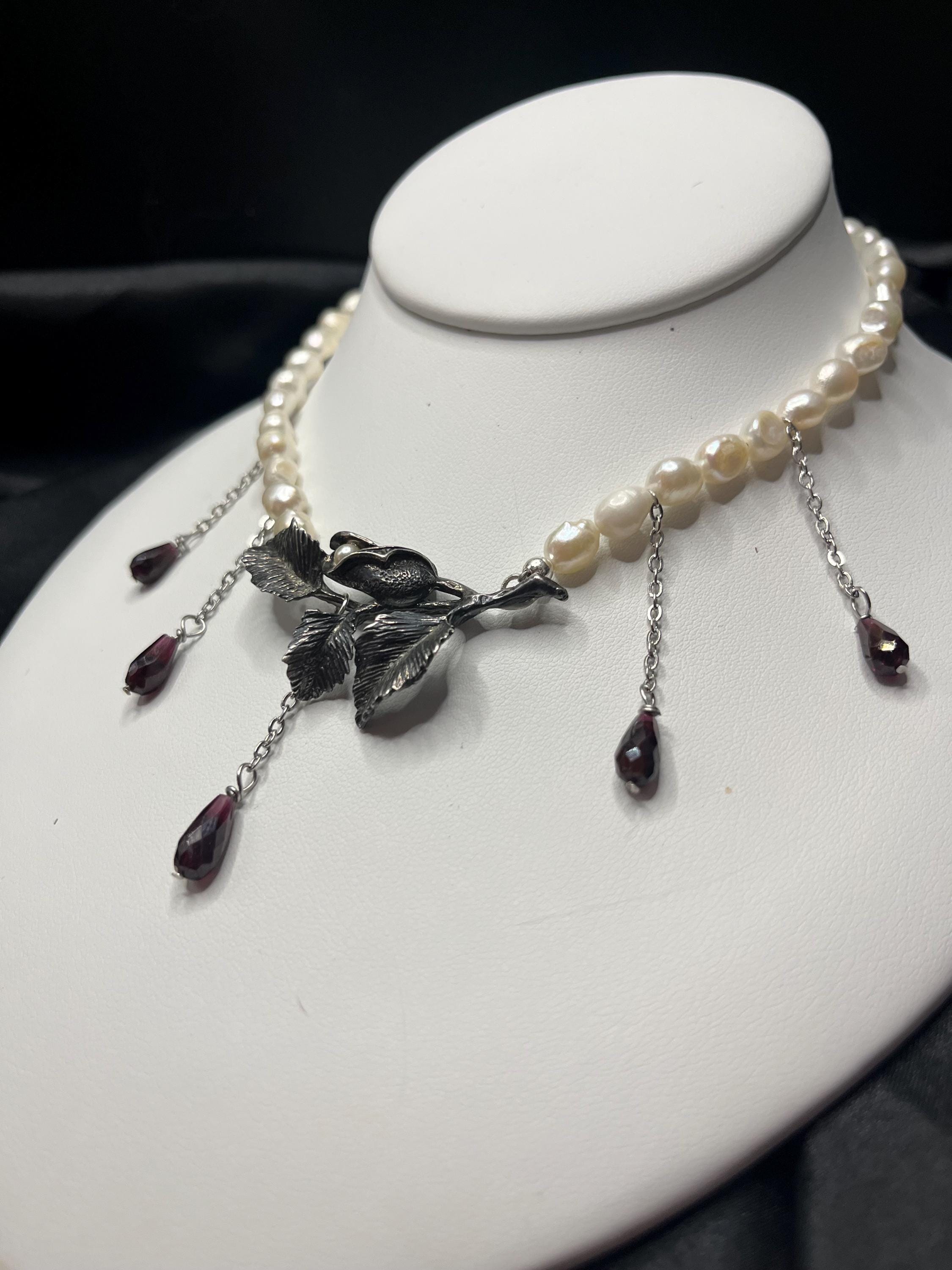 Antique Sterling Flower Brooch, Freshwater Pearl & Garnet Choker Necklace – 13.5–15”