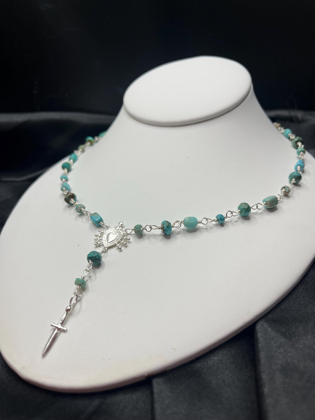 Kingman Turquoise Rosary Necklace – Sterling Silver Sacred Heart & Dagger Lariat – 18–19.5”