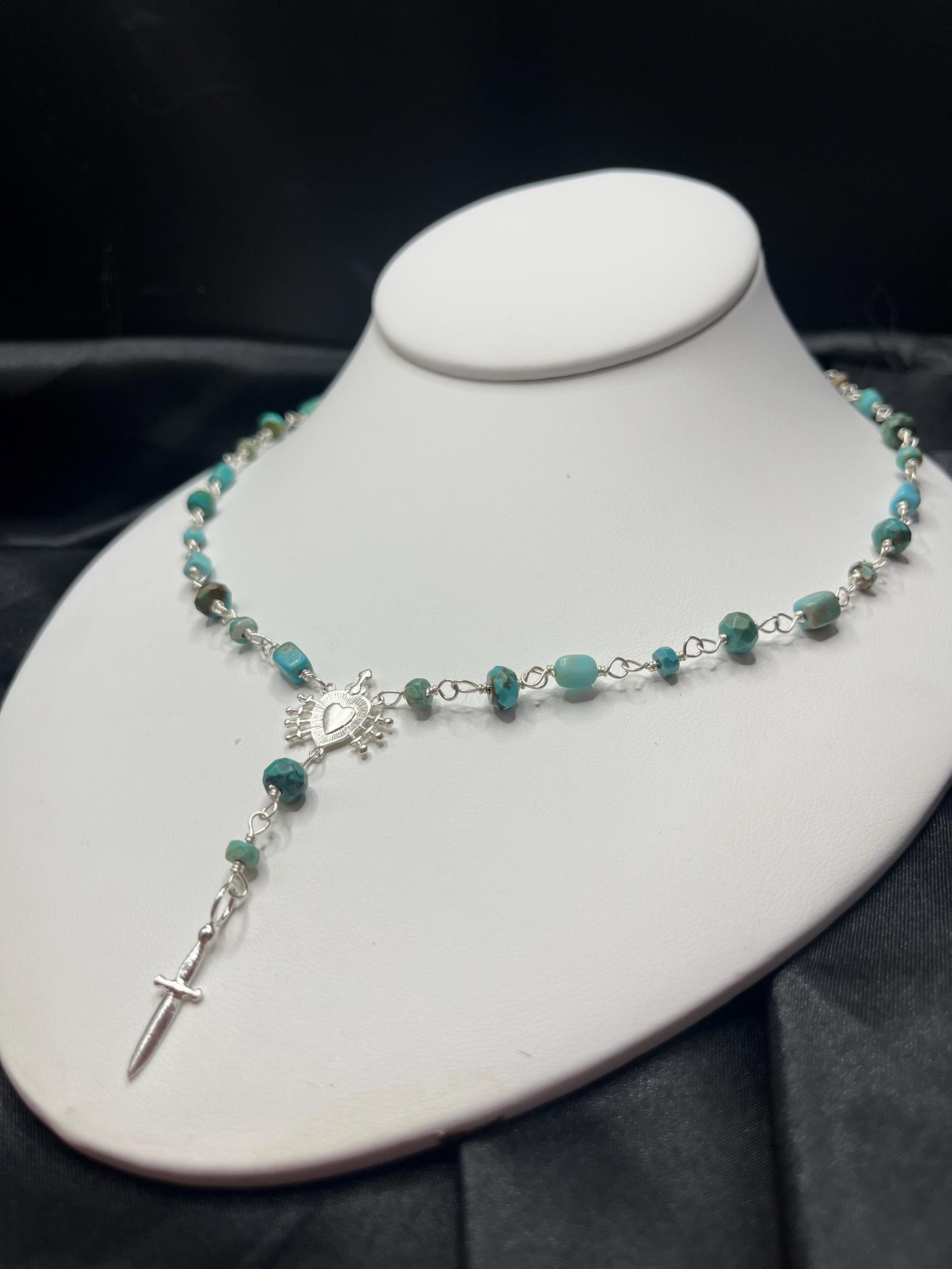 Kingman Turquoise Rosary Necklace – Sterling Silver Sacred Heart & Dagger Lariat – 18–19.5”