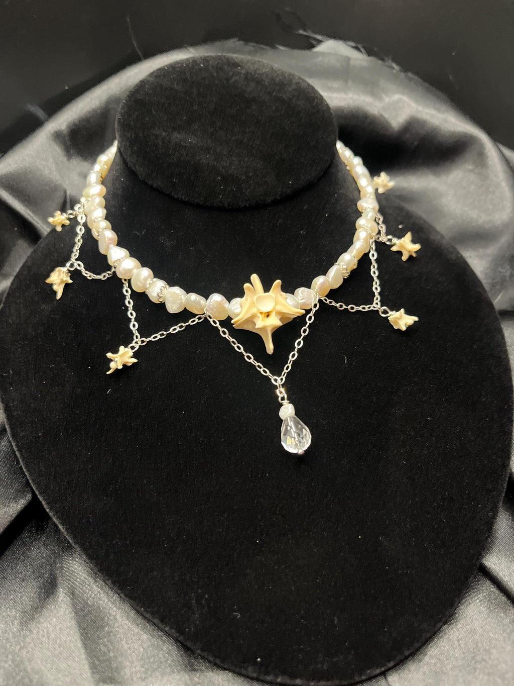 Freshwater Pearl & Rattlesnake Vertebrae Necklace – Sterling Silver Chain, Adjustable 13.75–15”