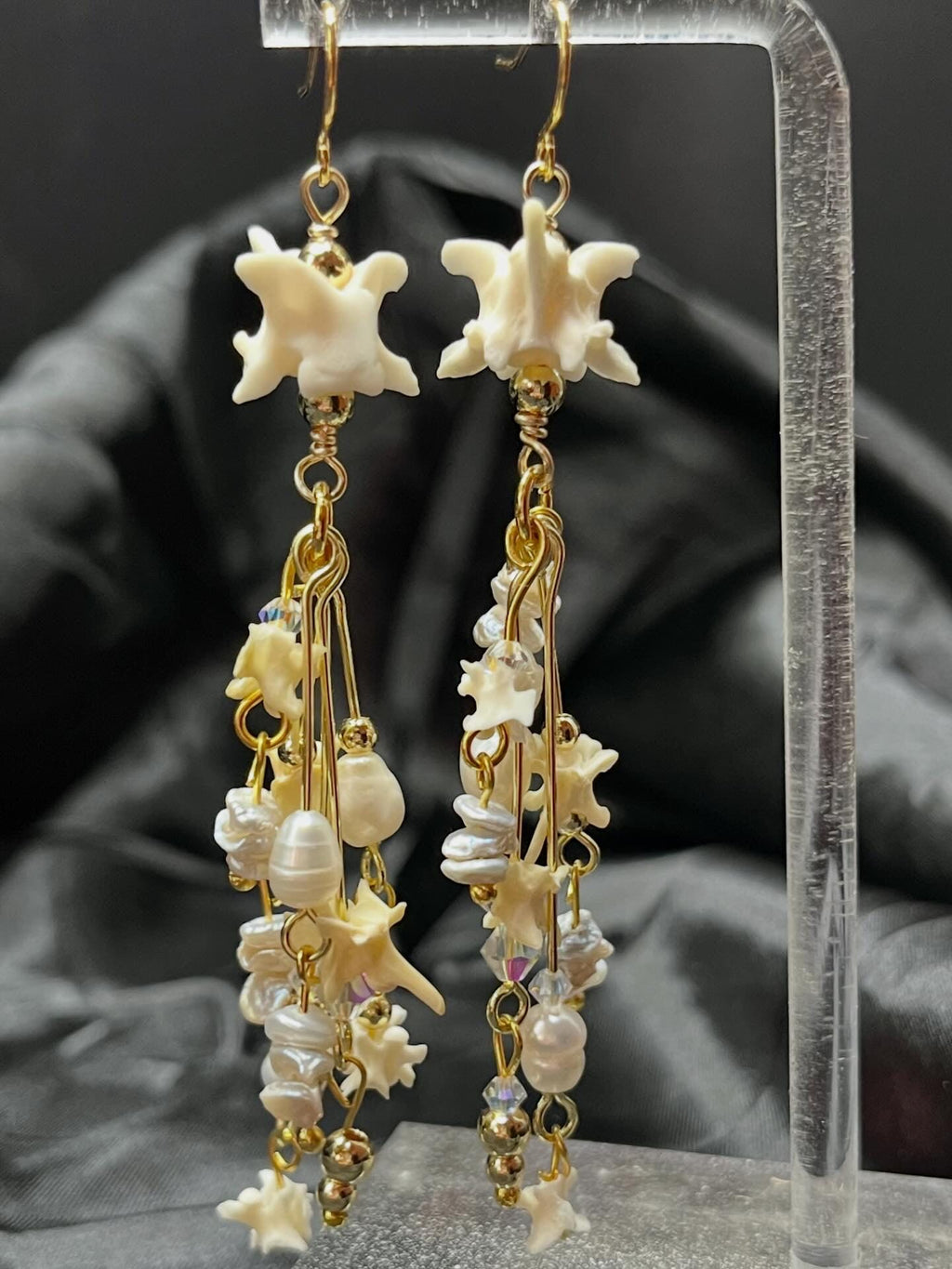 Snake Vertebrae & Pearl Dangle Earrings | Crystal Accent | 3”
