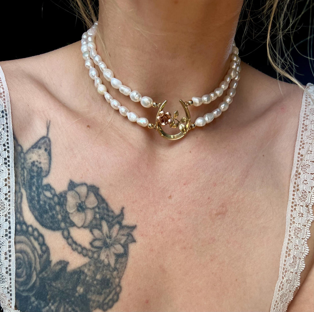 Antique Horseshoe Brooch Necklace with Double Strand Freshwater Pearls, 14–16”