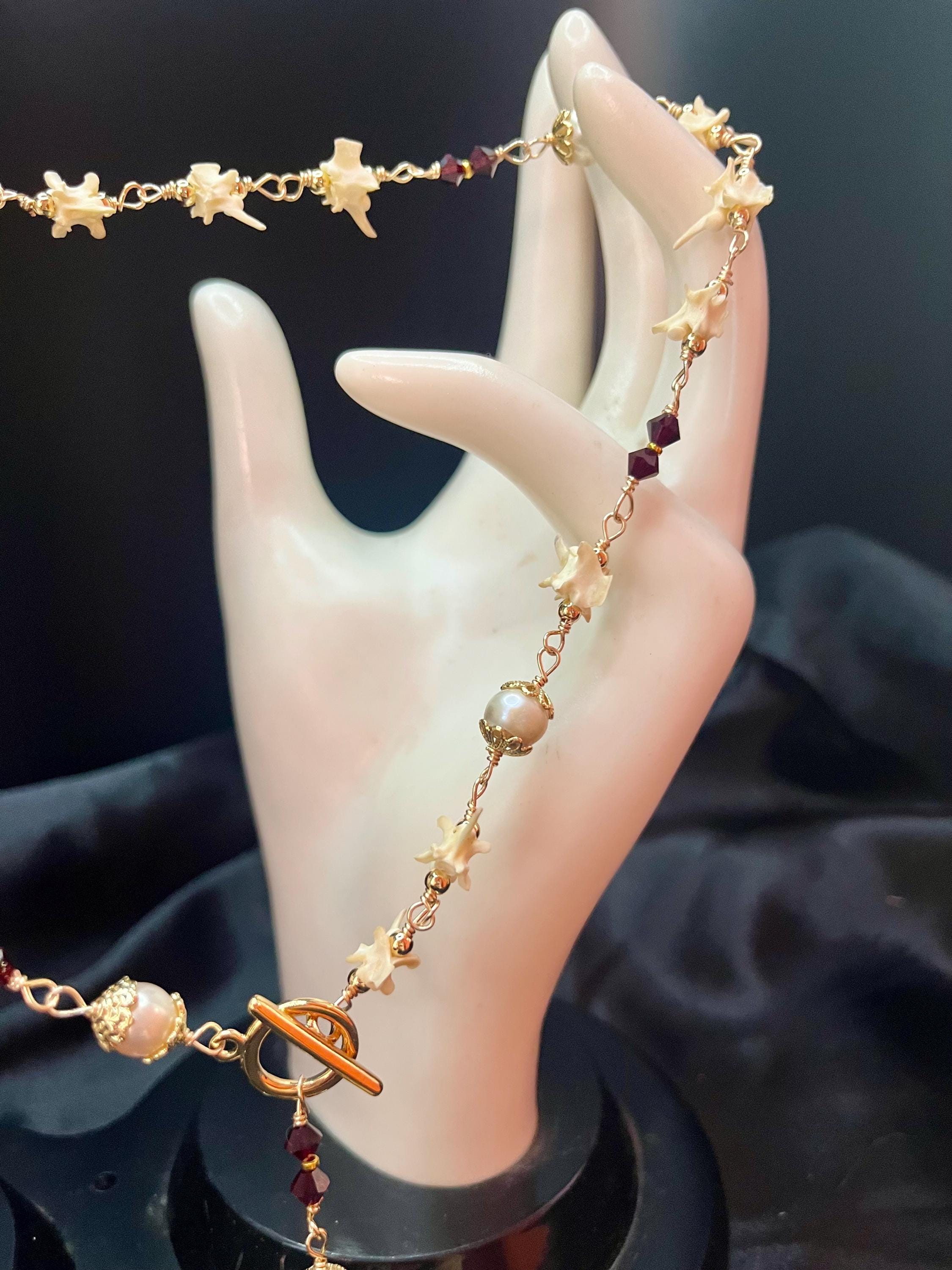 Locket Lariat Necklace | Snake Vertebrae + Garnet Crystal + Freshwater Pearl | Gold Plated | 25”