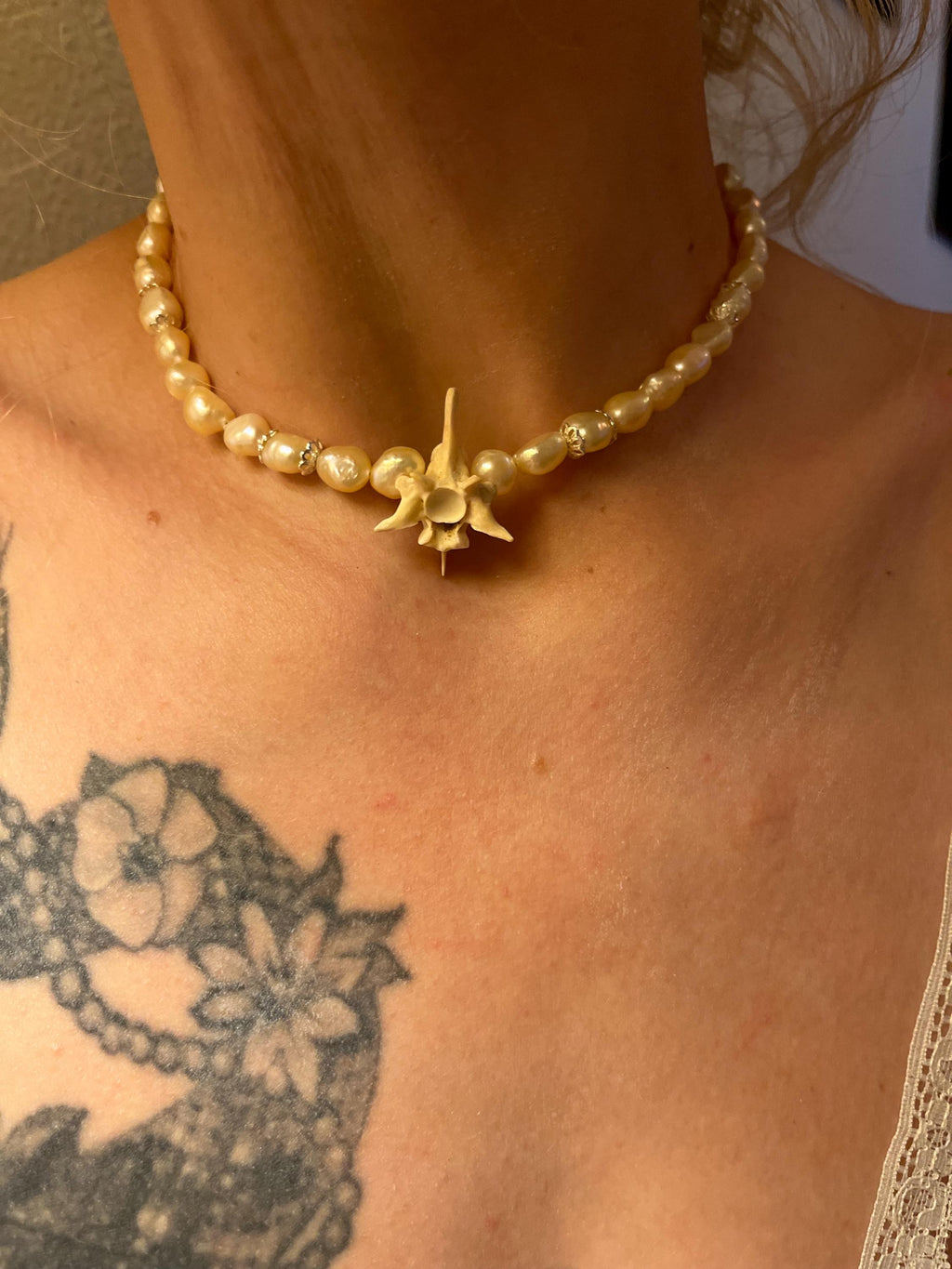 Blush Pink Freshwater Pearl Necklace with Rattlesnake Vertebrae and Gold Accents, 14.5–16.5”