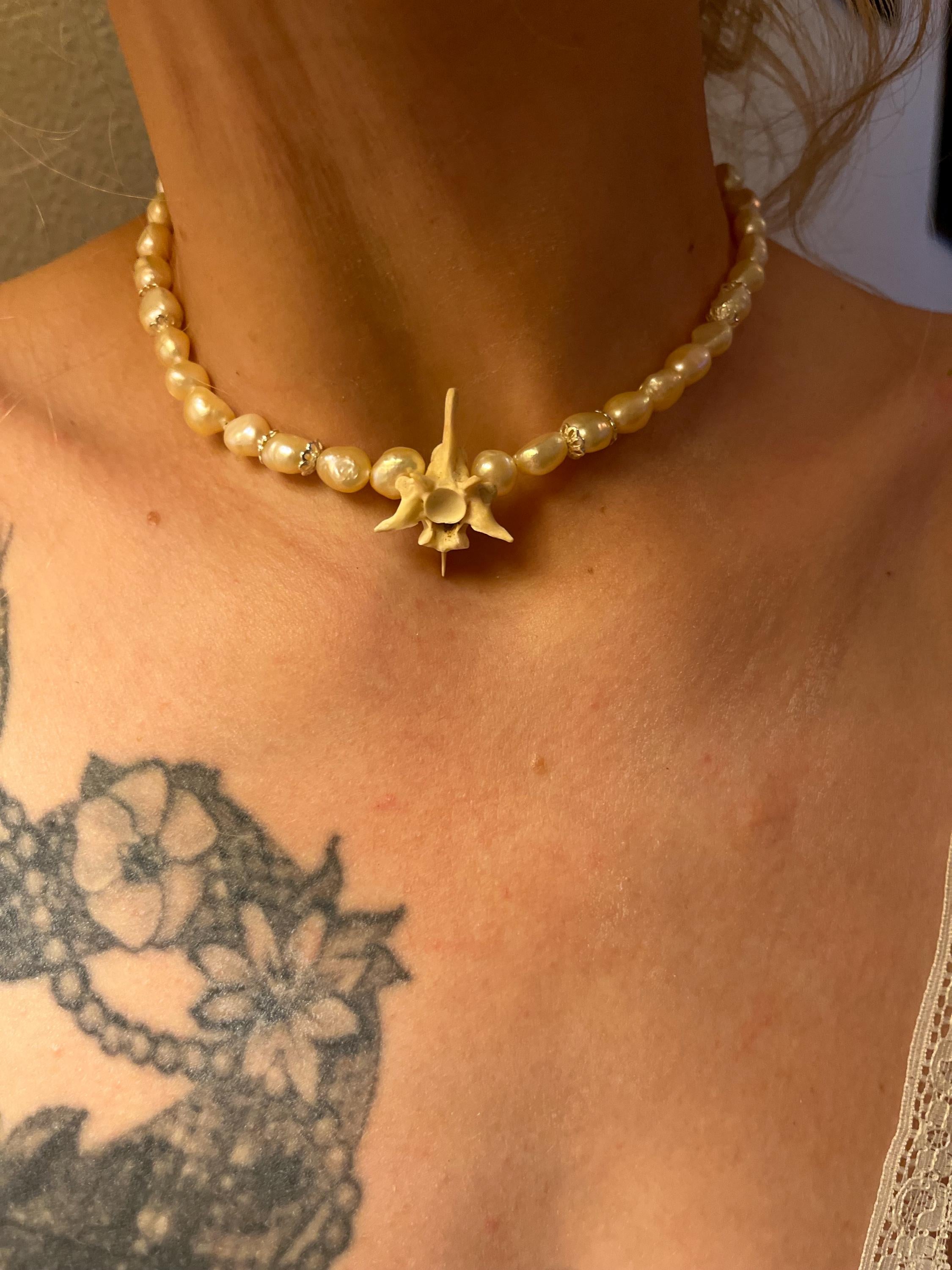Blush Pink Freshwater Pearl Necklace with Rattlesnake Vertebrae and Gold Accents, 14.5–16.5”