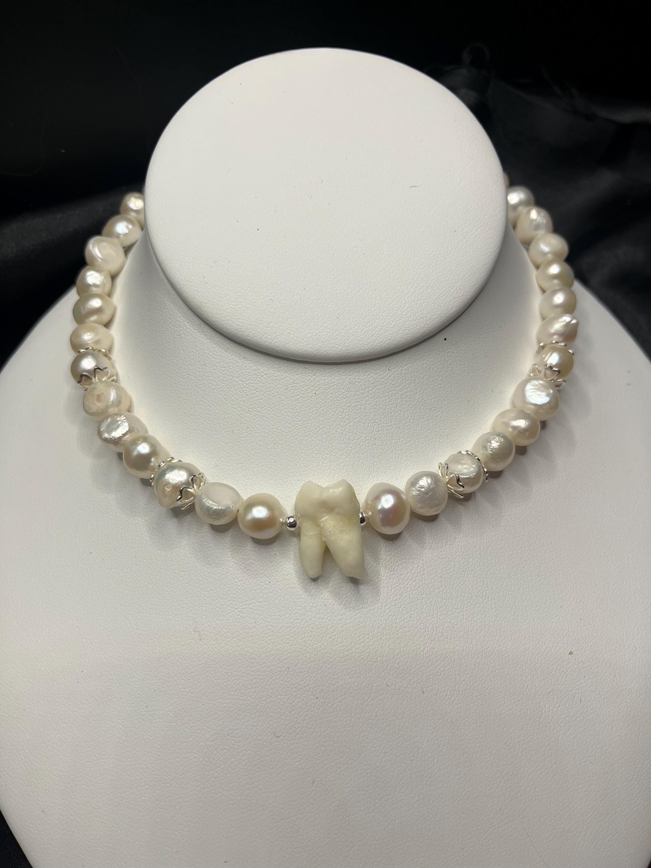 White Freshwater Pearl Necklace with Human Tooth and Sterling Silver, 14–15.25”