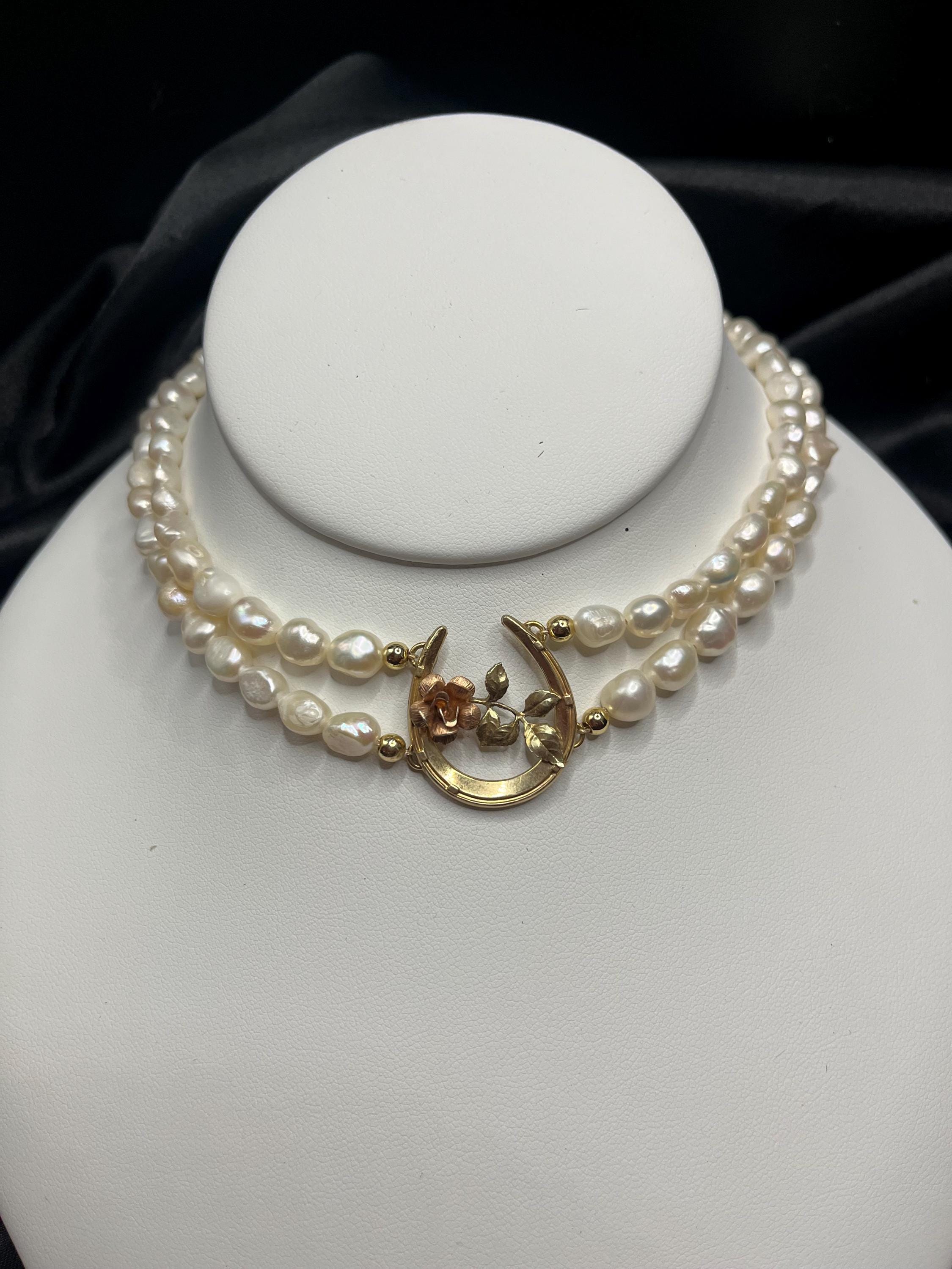 Antique Horseshoe Brooch Necklace with Double Strand Freshwater Pearls, 14–16”