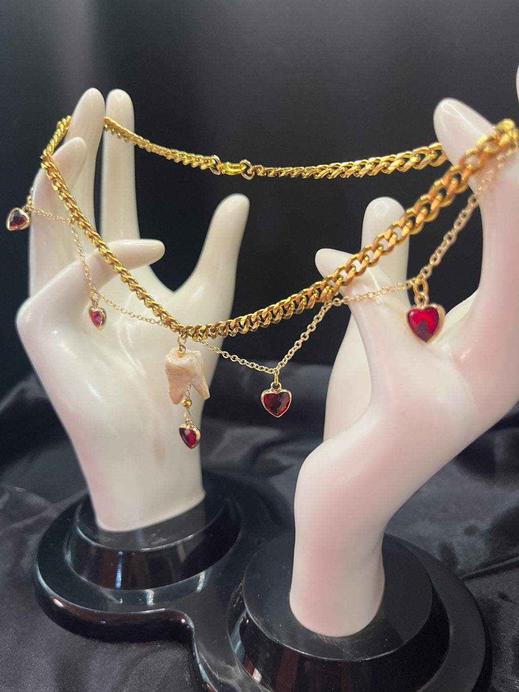 Human Tooth Necklace | Gold Plated Chain | Red Crystal Heart Charms | 16”