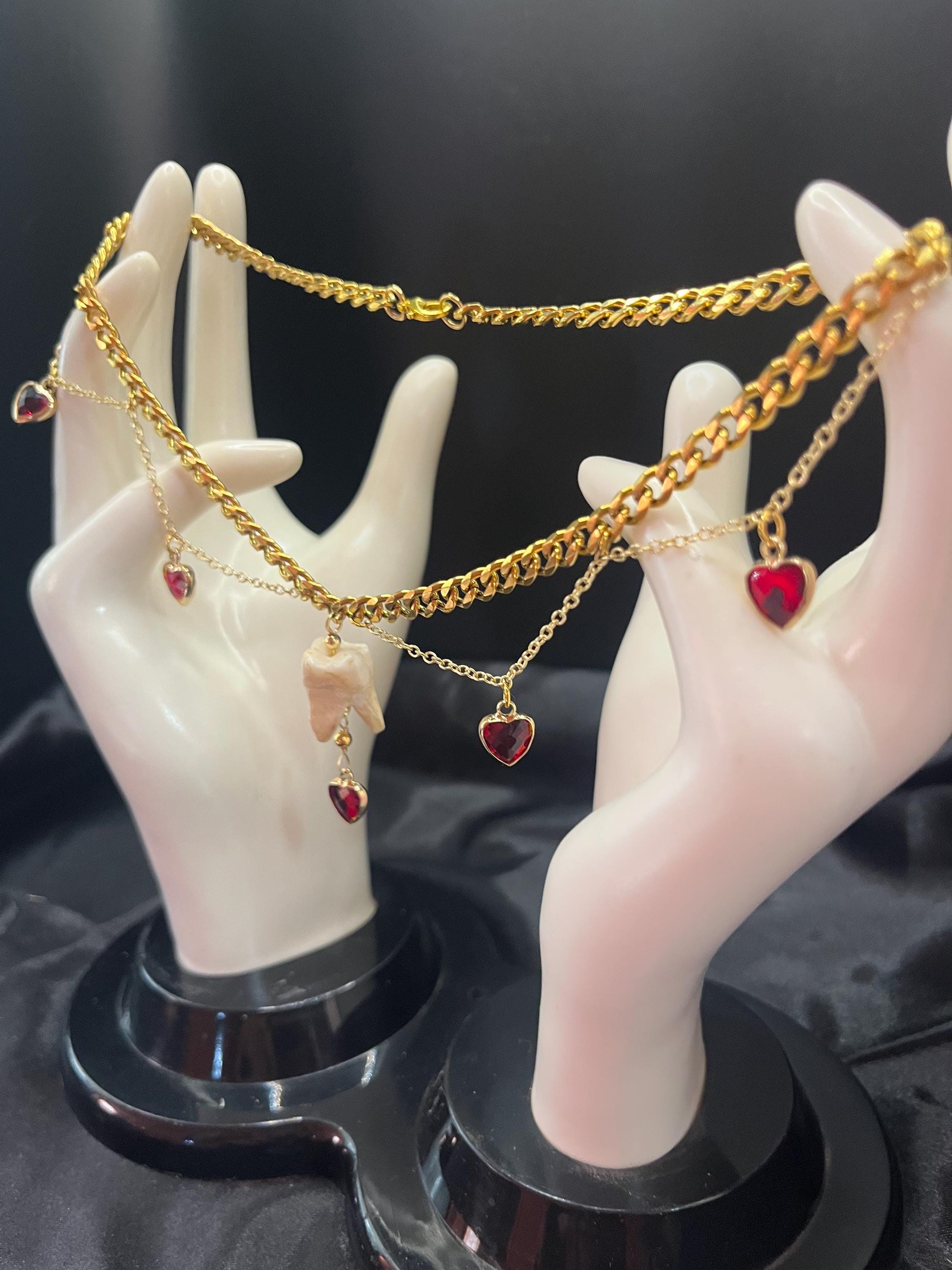Human Tooth Necklace | Gold Plated Chain | Red Crystal Heart Charms | 16”