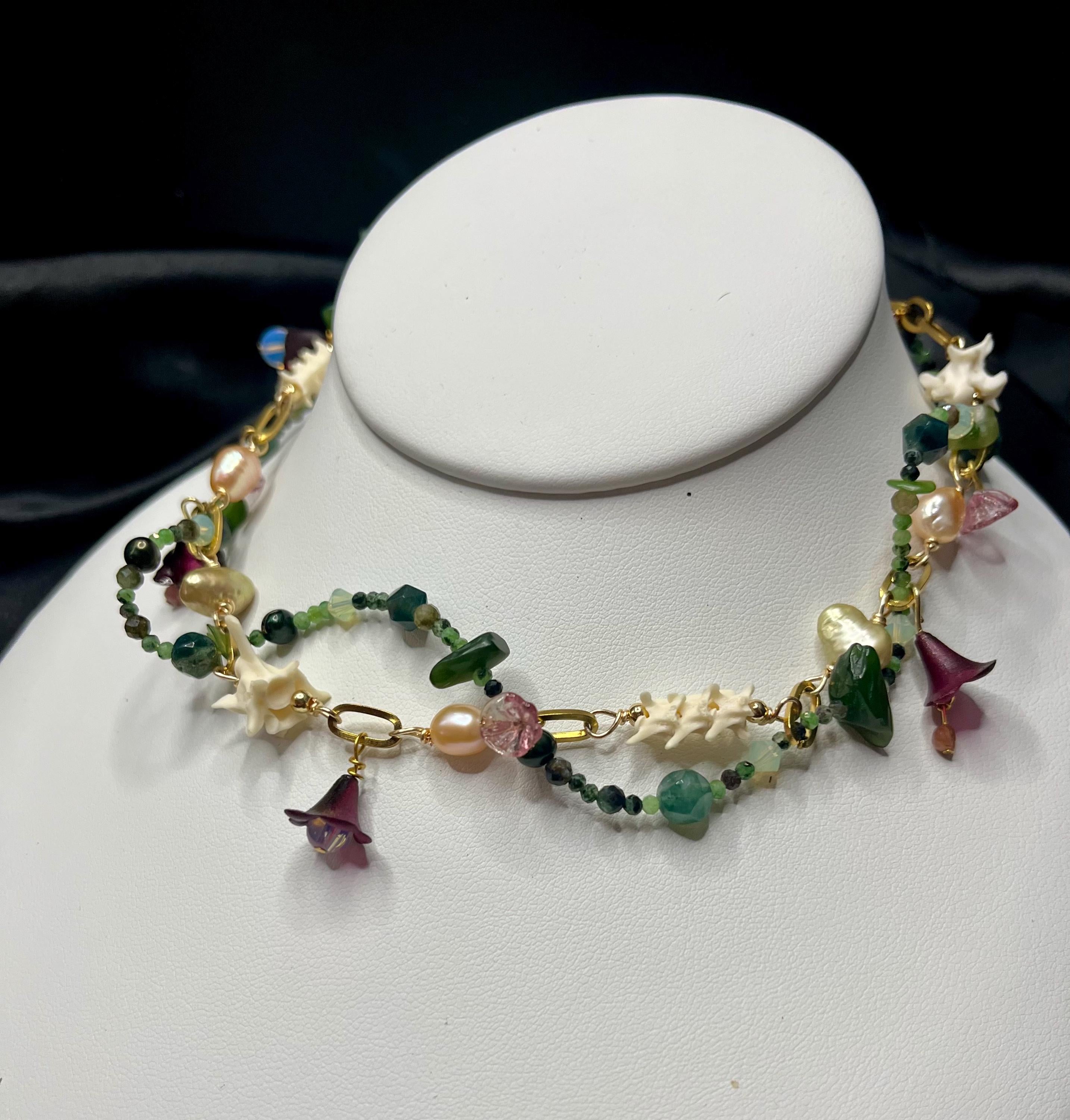 Garden of Eden Necklace – Jade, Tourmaline, Freshwater Pearl, Rattlesnake Bone, Opalite, Glass & Acrylic Flowers – 14–16”