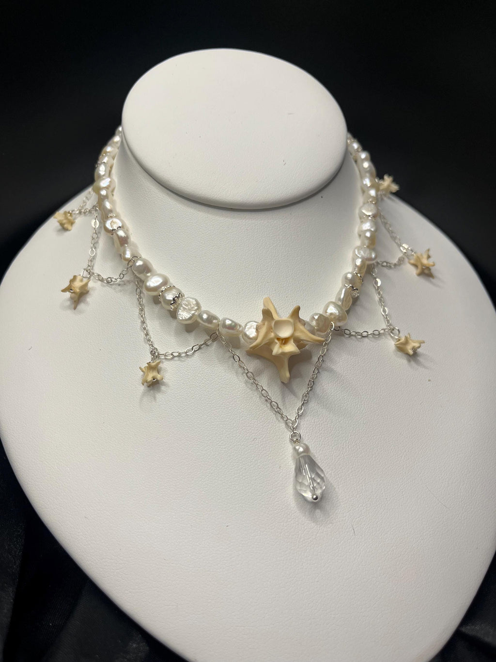 Freshwater Pearl & Rattlesnake Vertebrae Necklace – Sterling Silver Chain, Adjustable 13.75–15”