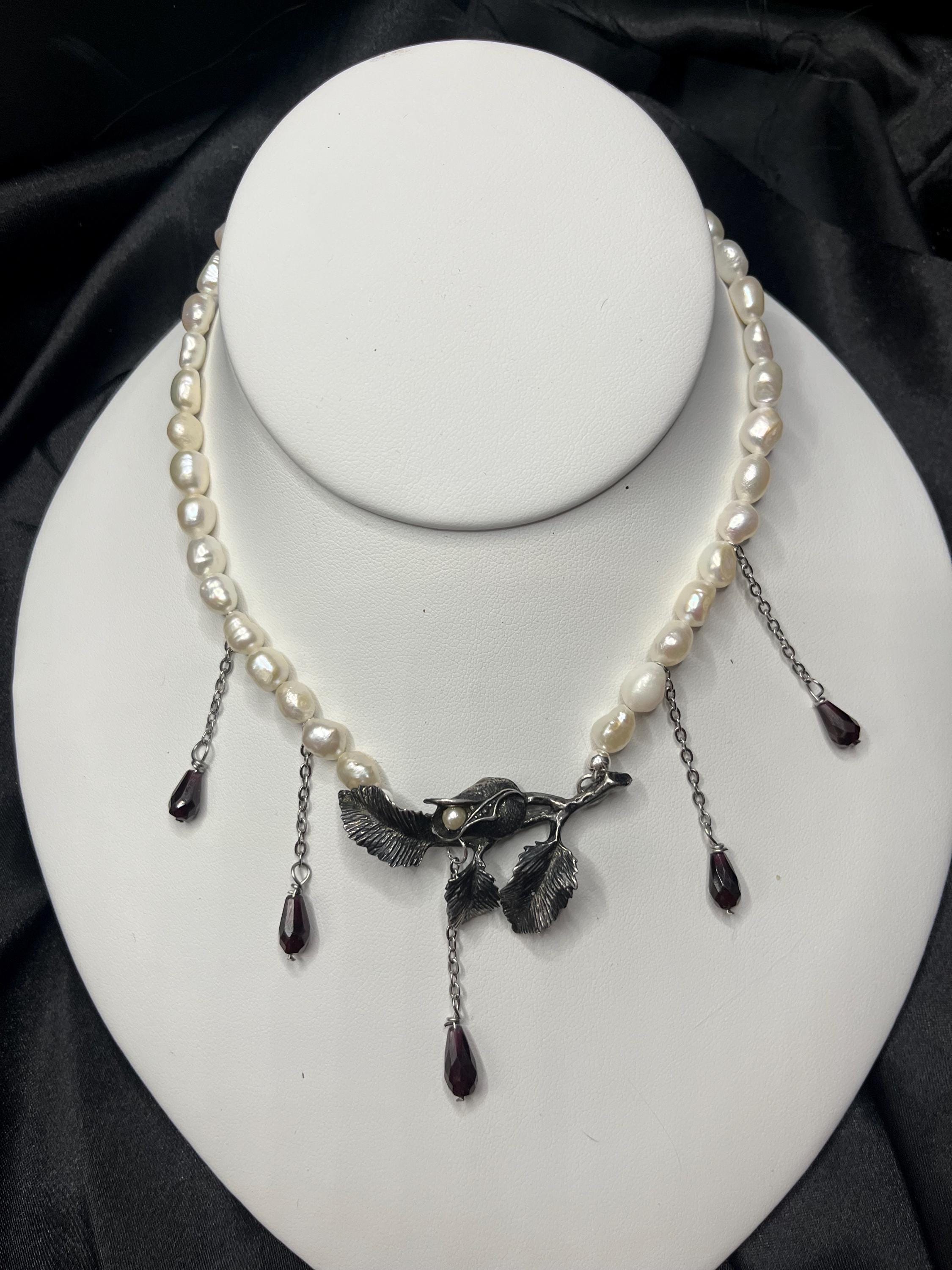 Antique Sterling Flower Brooch, Freshwater Pearl & Garnet Choker Necklace – 13.5–15”