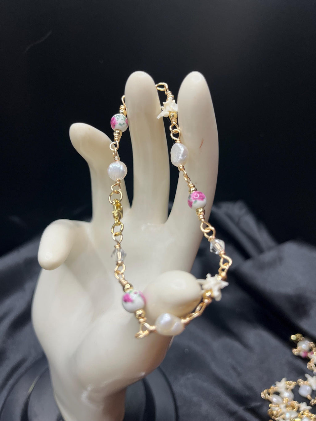 Pink Floral Ceramic, Freshwater Pearl, Rattlesnake Vertebrae & Crystal Bracelet – 18k Gold-Plated