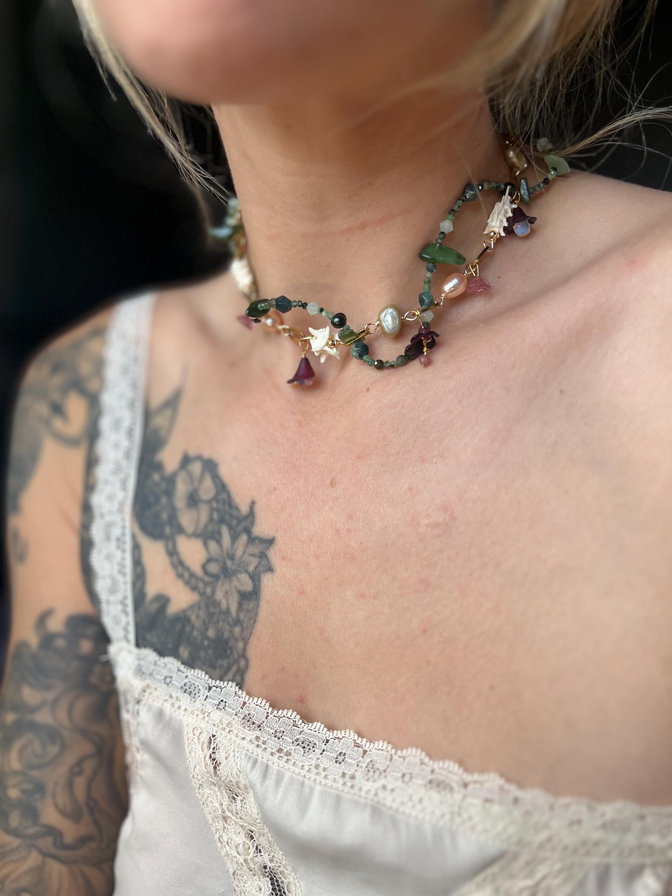 Garden of Eden Necklace – Jade, Tourmaline, Freshwater Pearl, Rattlesnake Bone, Opalite, Glass & Acrylic Flowers – 14–16”