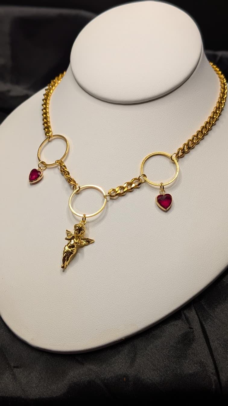 Angel Necklace | Stainless Steel or Gold Plate Curb Chain | Rhinestone Heart Charms | 15”