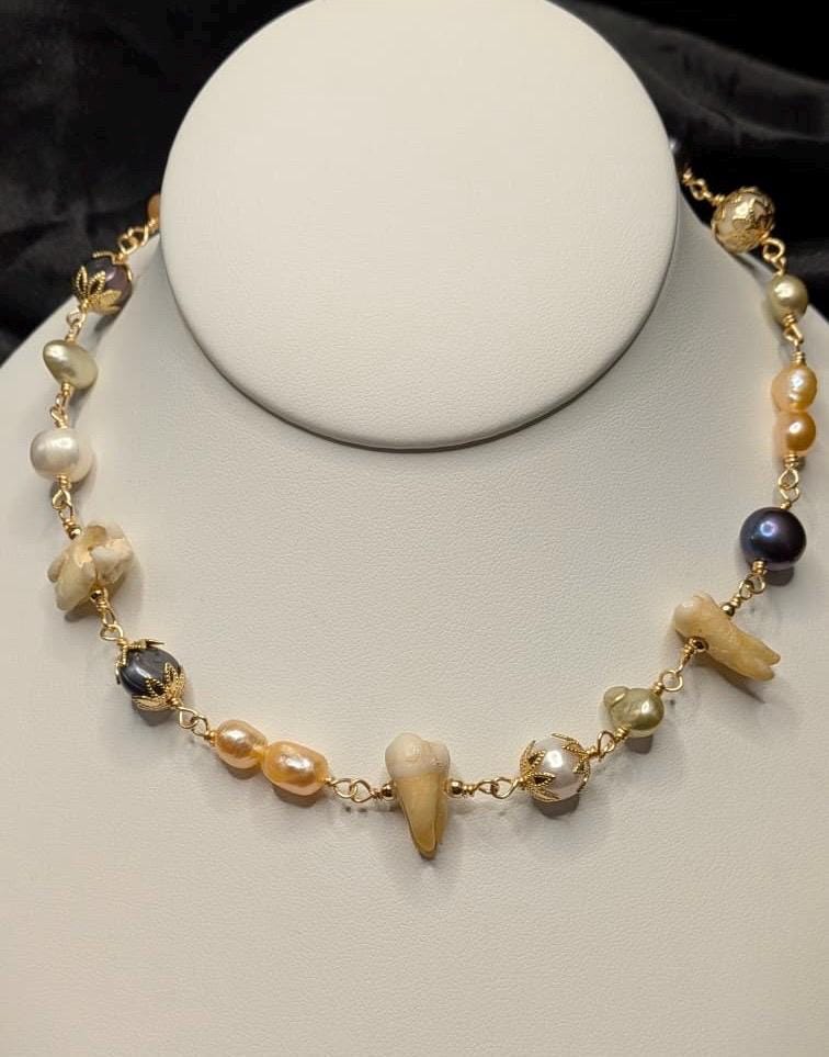 Mixed Freshwater Pearl Necklace with Three Human Teeth, 15”
