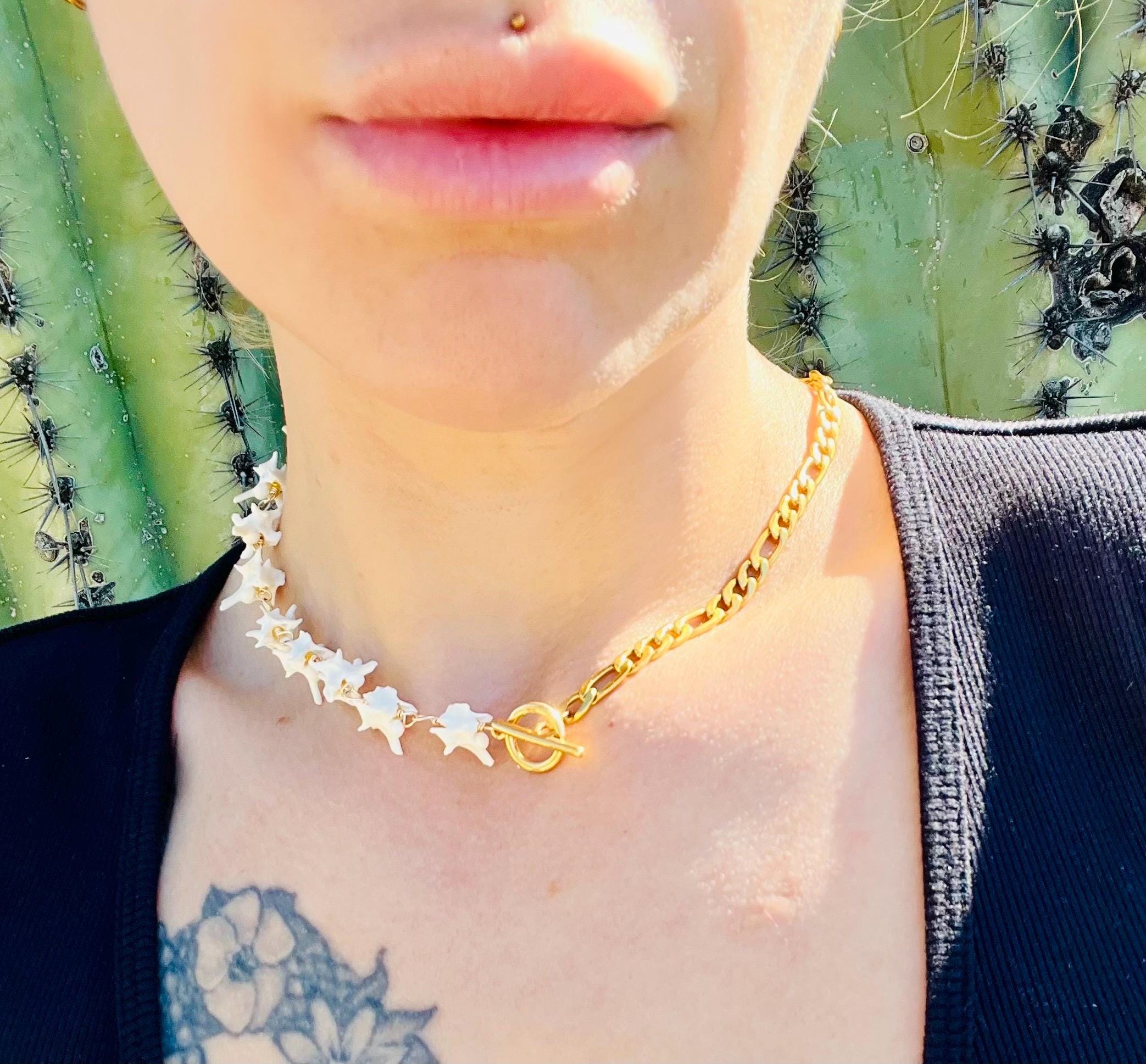Real Rattlesnake Vertebrae Necklace • Gold Plated Figaro Chain • Western Bone Jewelry • Toggle Front Closure