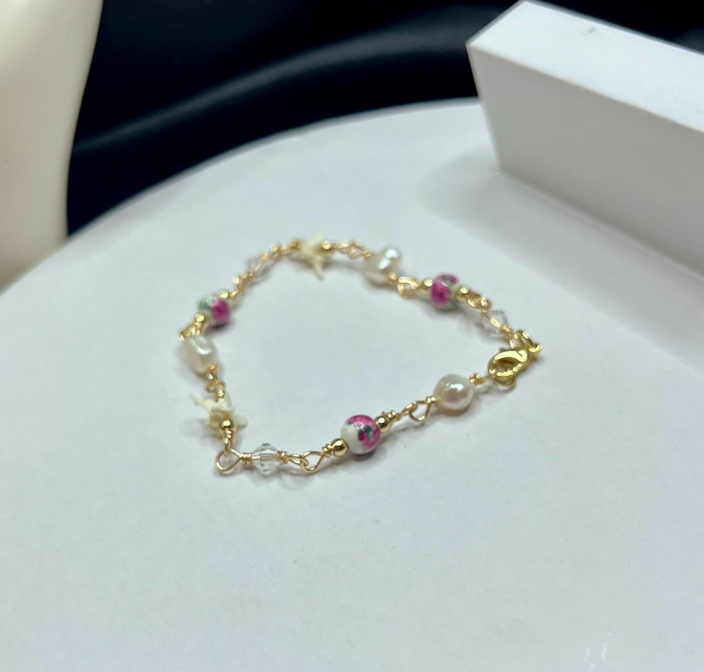 Pink Floral Ceramic, Freshwater Pearl, Rattlesnake Vertebrae & Crystal Bracelet – 18k Gold-Plated