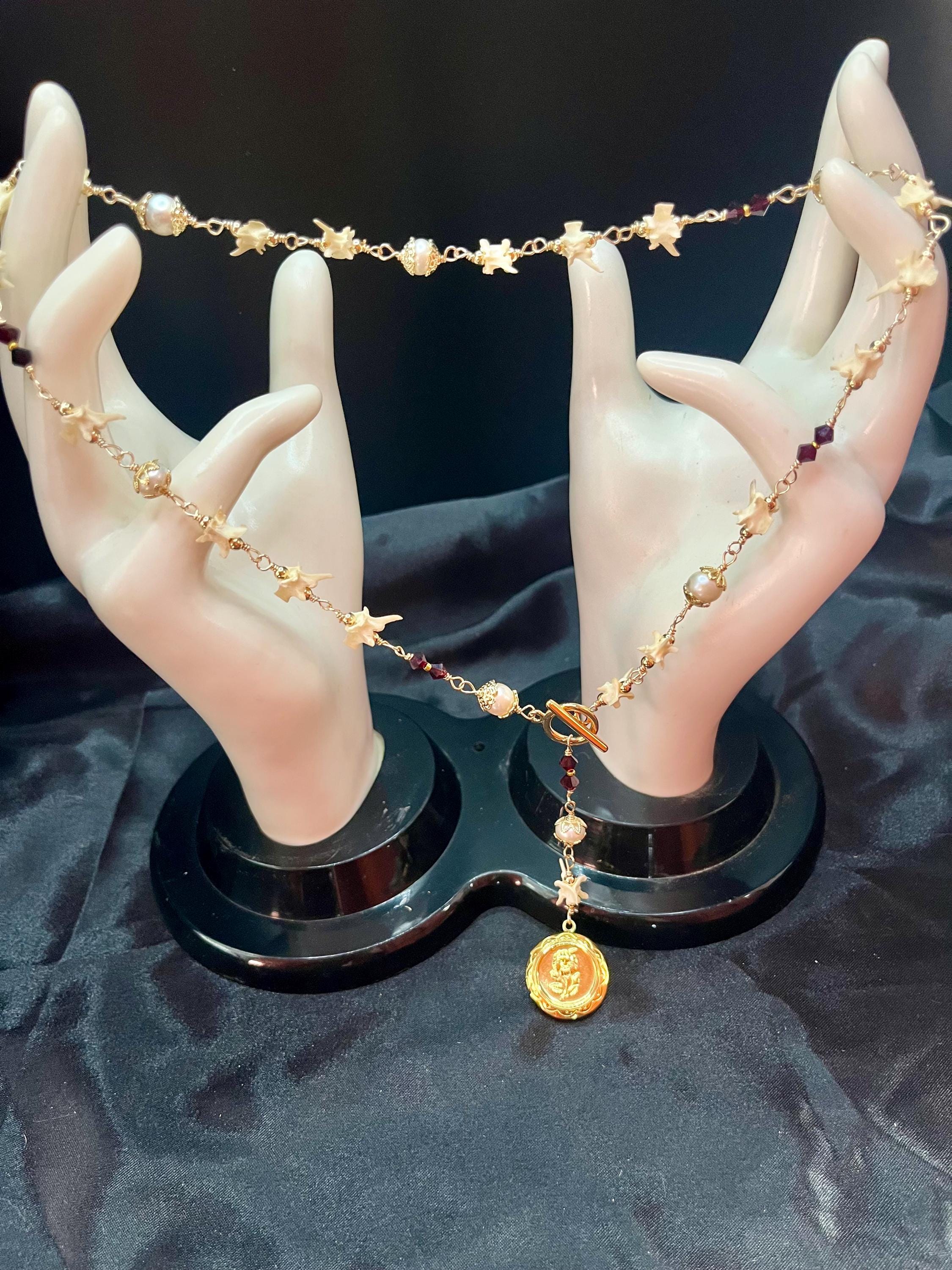 Locket Lariat Necklace | Snake Vertebrae + Garnet Crystal + Freshwater Pearl | Gold Plated | 25”