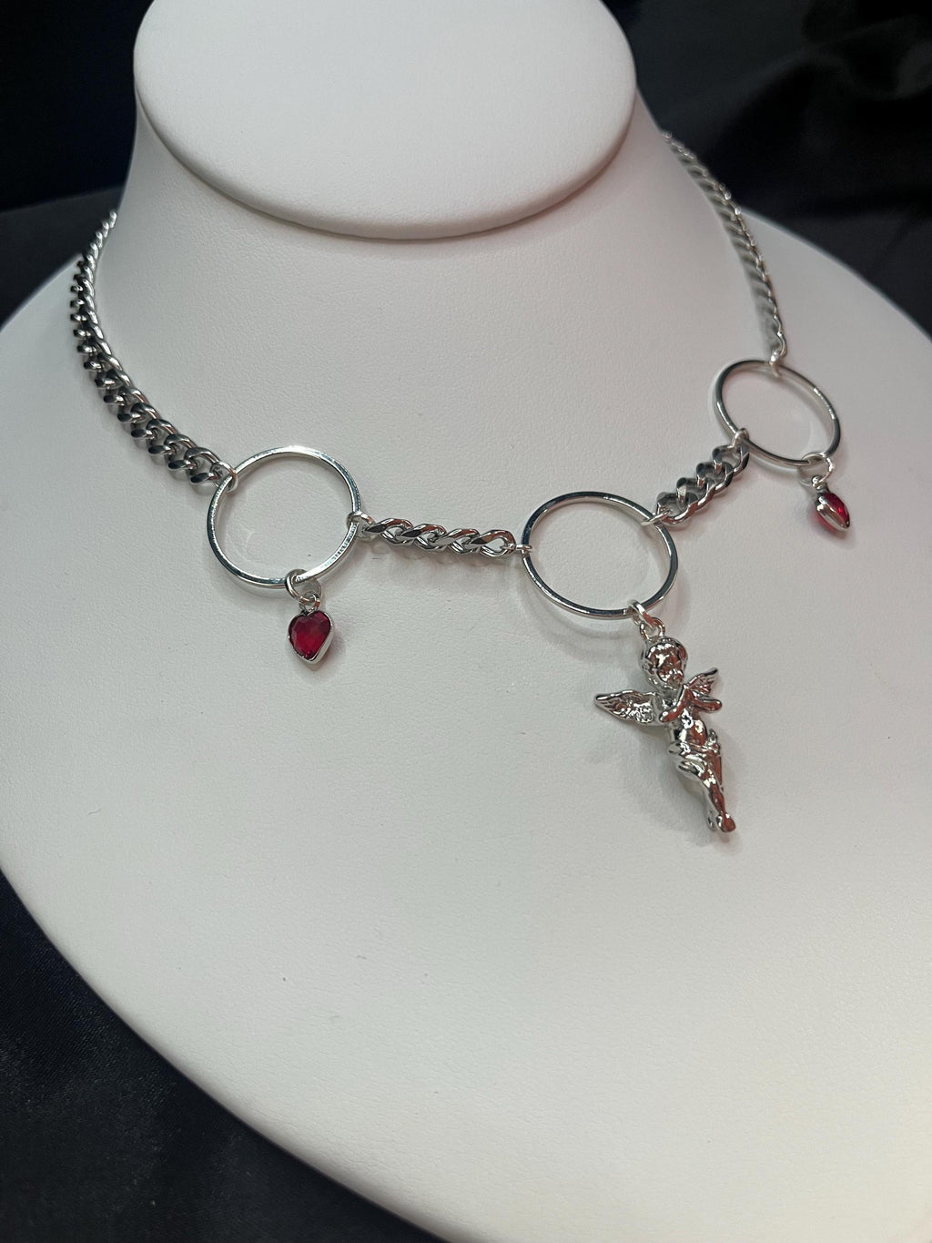 Angel Necklace | Stainless Steel or Gold Plate Curb Chain | Rhinestone Heart Charms | 15”