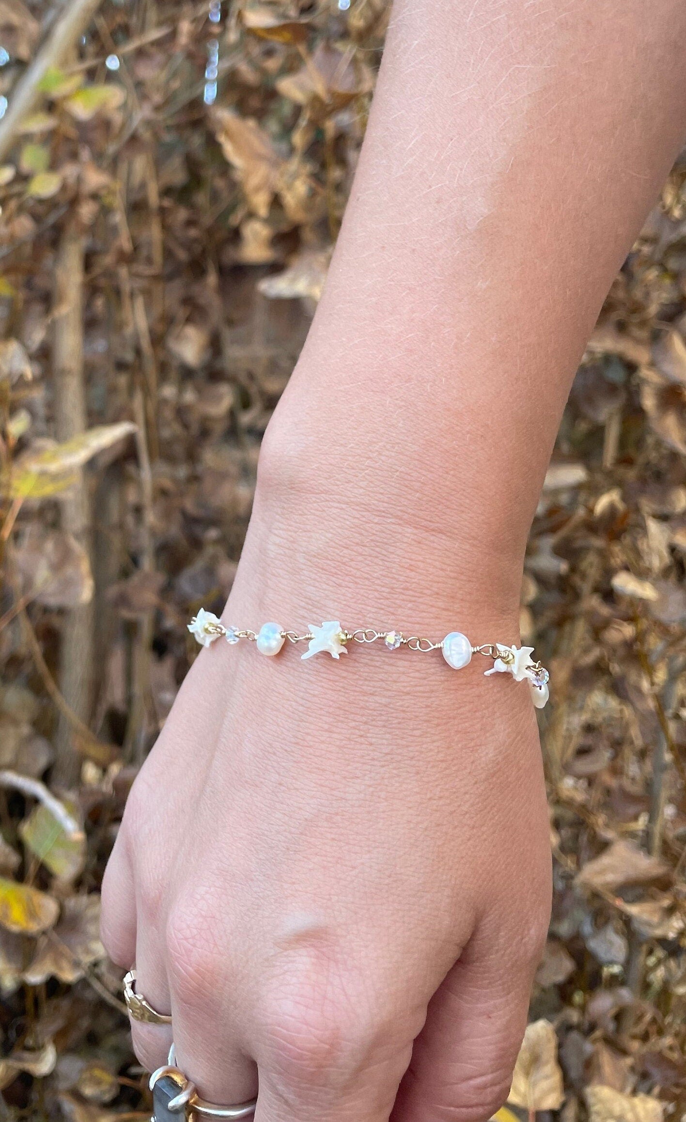 Wire Wrapped Rattlesnake Vertebrae and Pearl Bracelet