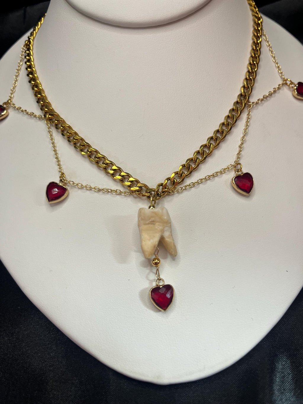 Human Tooth Necklace | Gold Plated Chain | Red Crystal Heart Charms | 16”