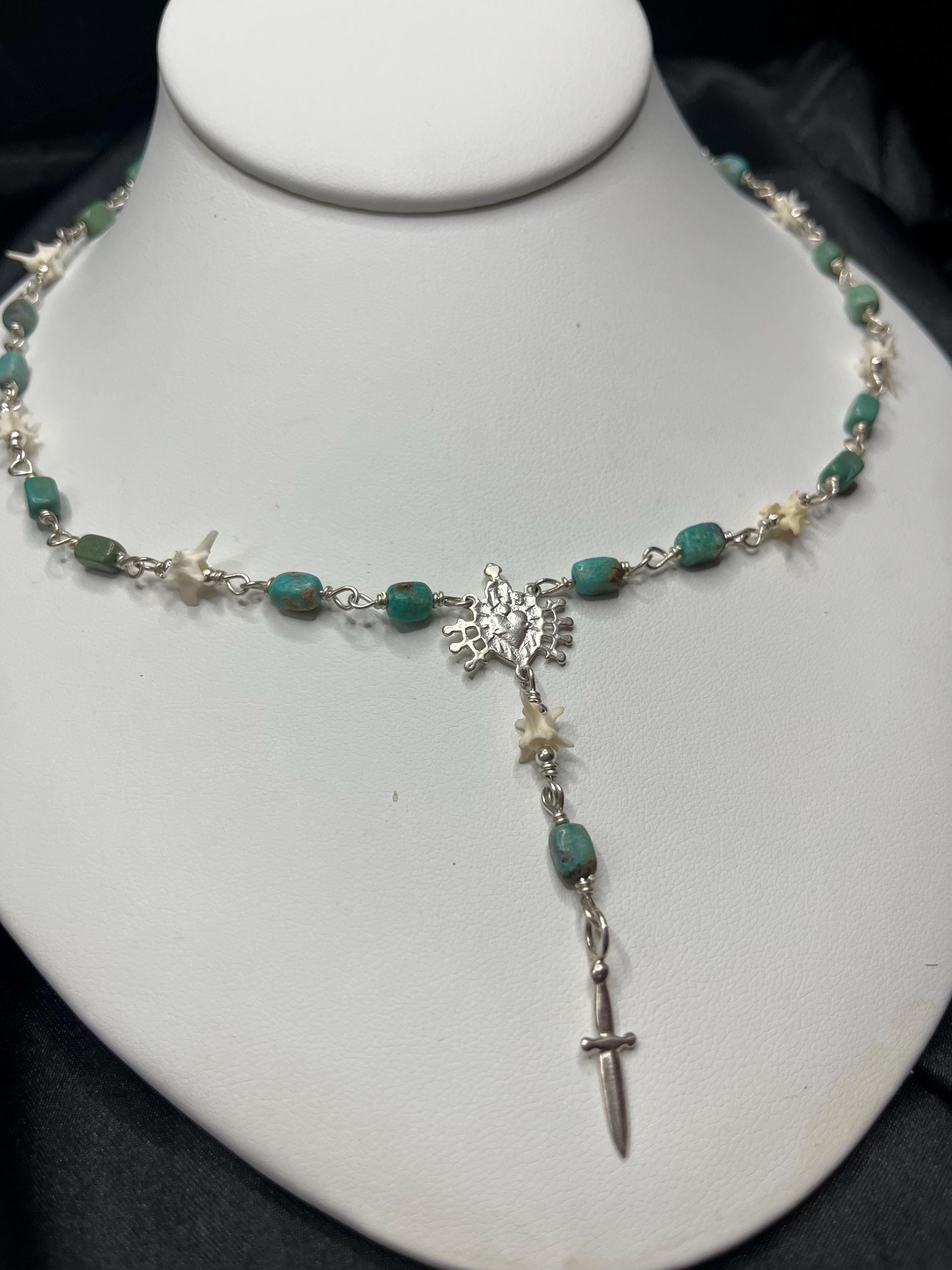 Kingman Turquoise and Rattlesnake Vertebrae Rosary Necklace – Sterling Silver Sacred Heart & Dagger Lariat – 17-18.5”
