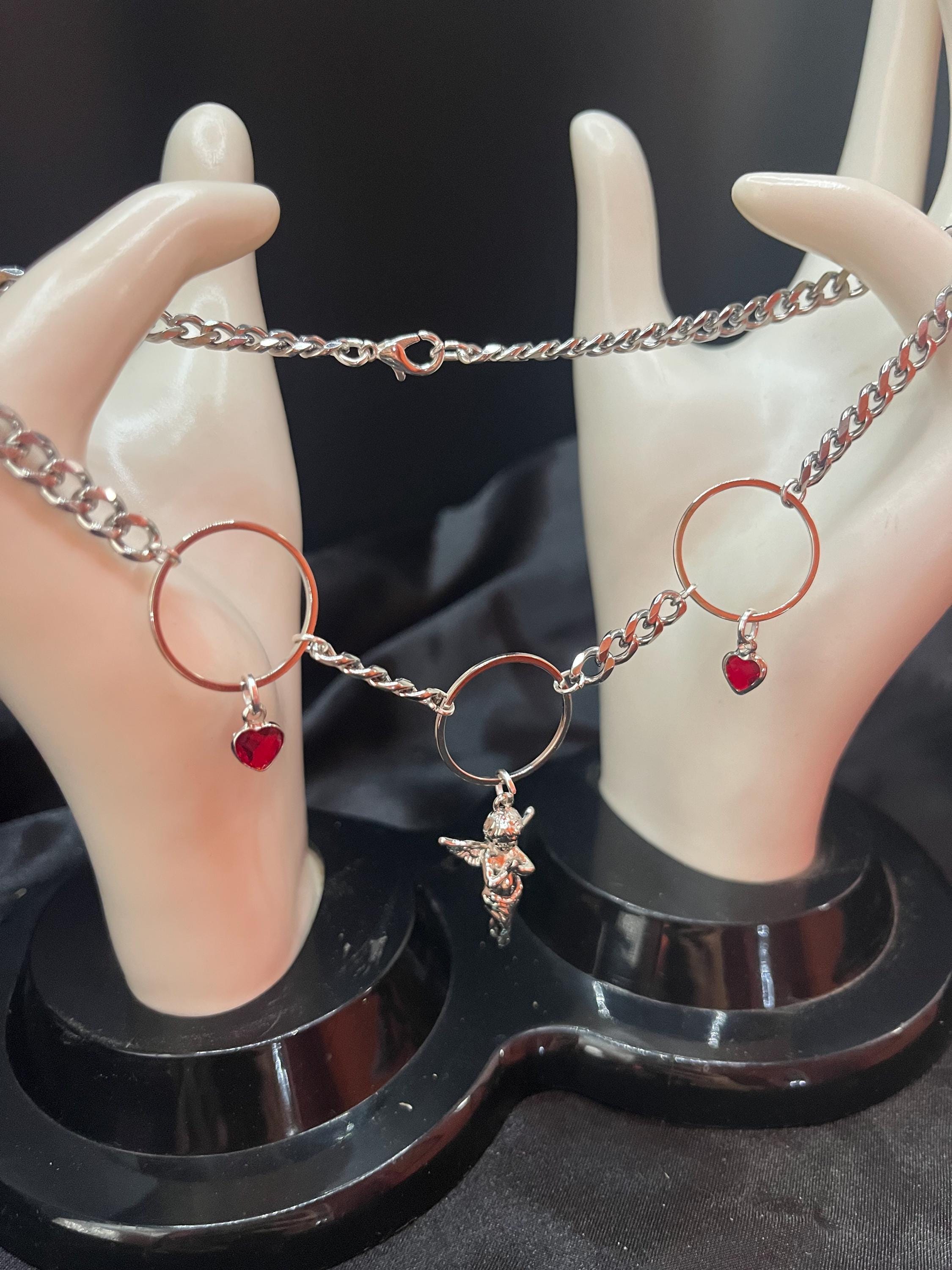 Angel Necklace | Stainless Steel or Gold Plate Curb Chain | Rhinestone Heart Charms | 15”