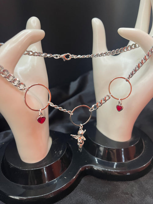 Angel Necklace | Stainless Steel or Gold Plate Curb Chain | Rhinestone Heart Charms | 15”