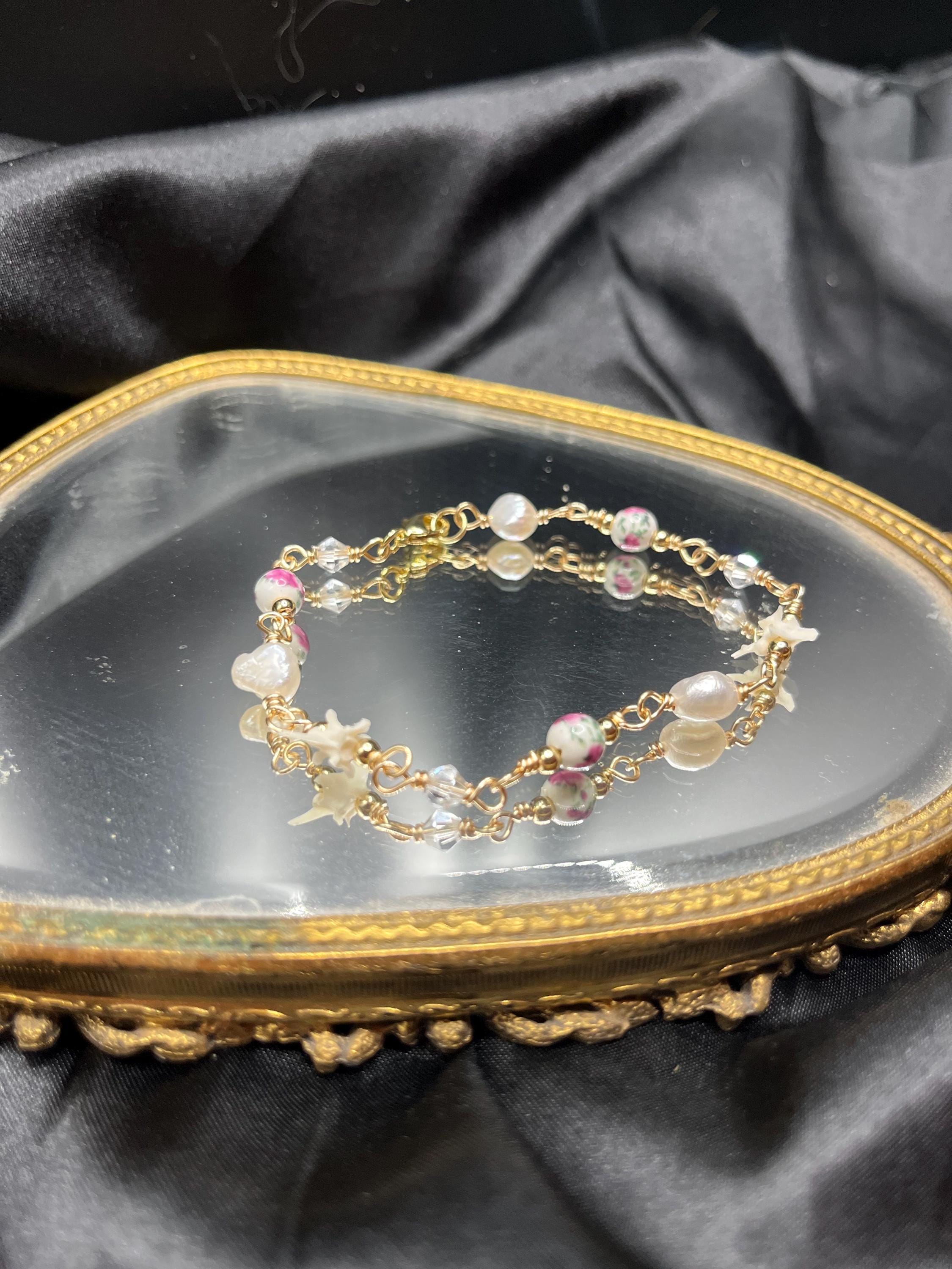 Pink Floral Ceramic, Freshwater Pearl, Rattlesnake Vertebrae & Crystal Bracelet – 18k Gold-Plated