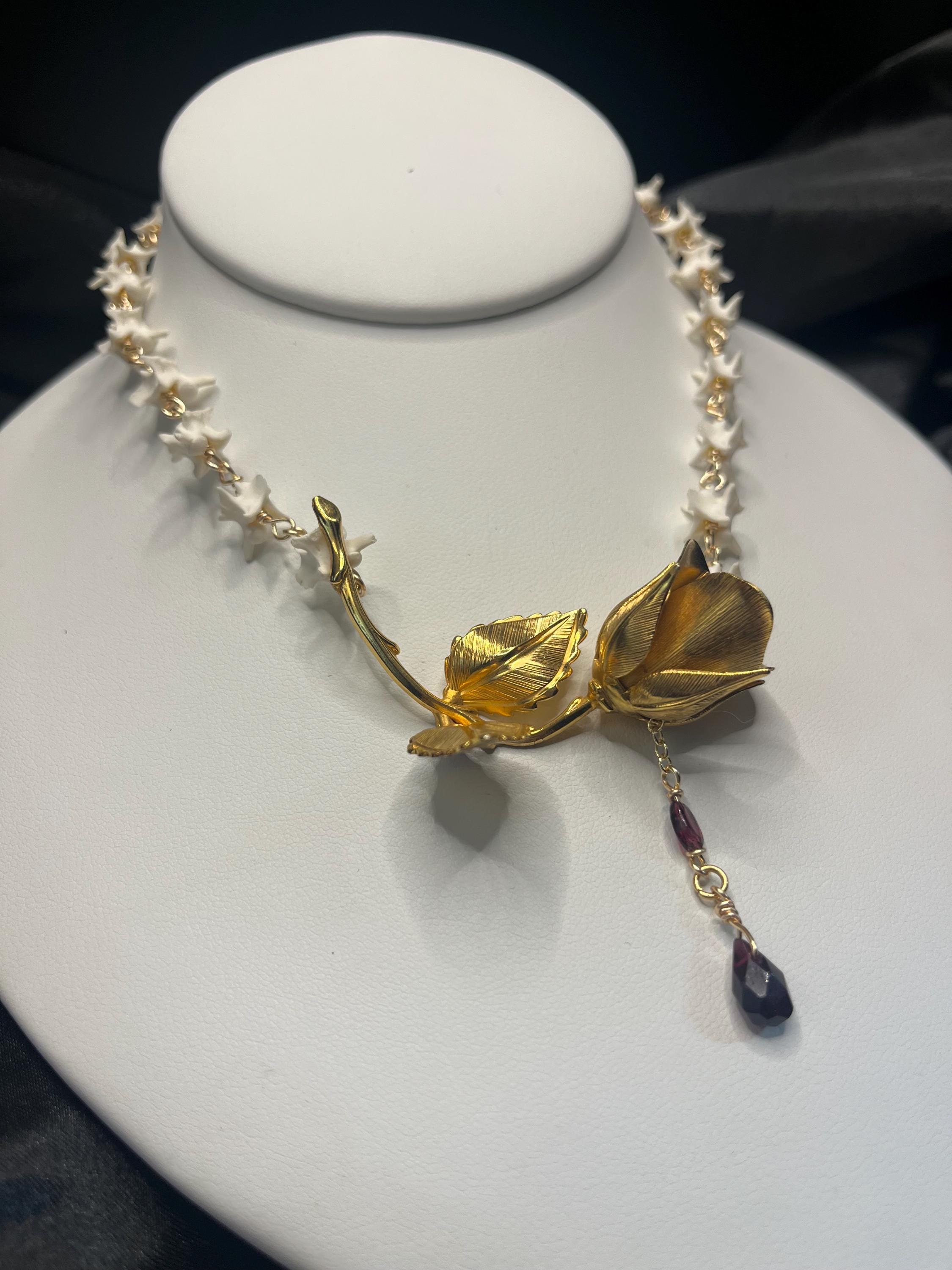 Antique Gold Plated Brooch Necklace with Rattlesnake Vertebrae and Garnet, 14.5–16.5”