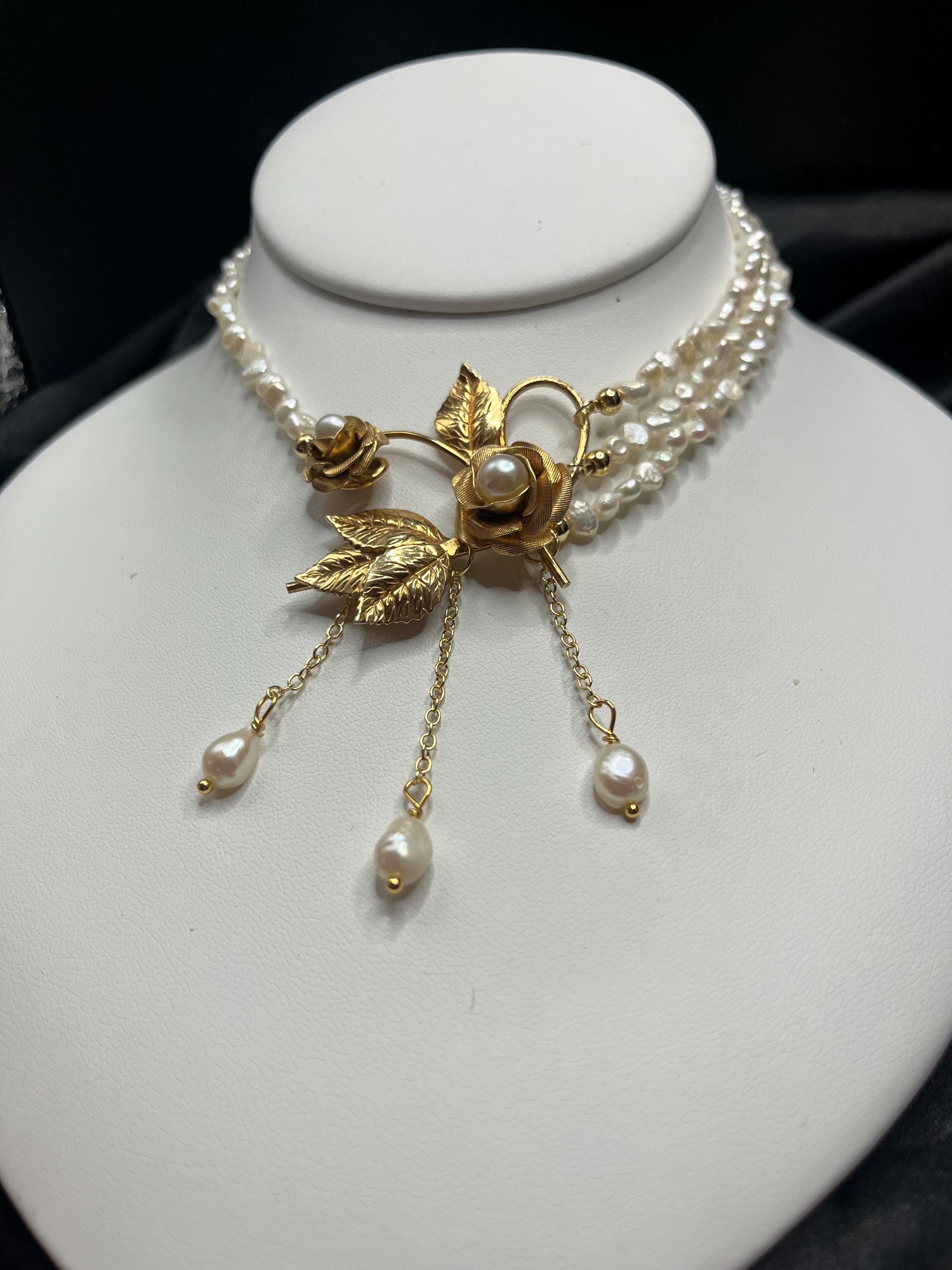 Antique Gold Filled Brooch Necklace with Freshwater Pearl Multi-Strand Choker, 13–15”