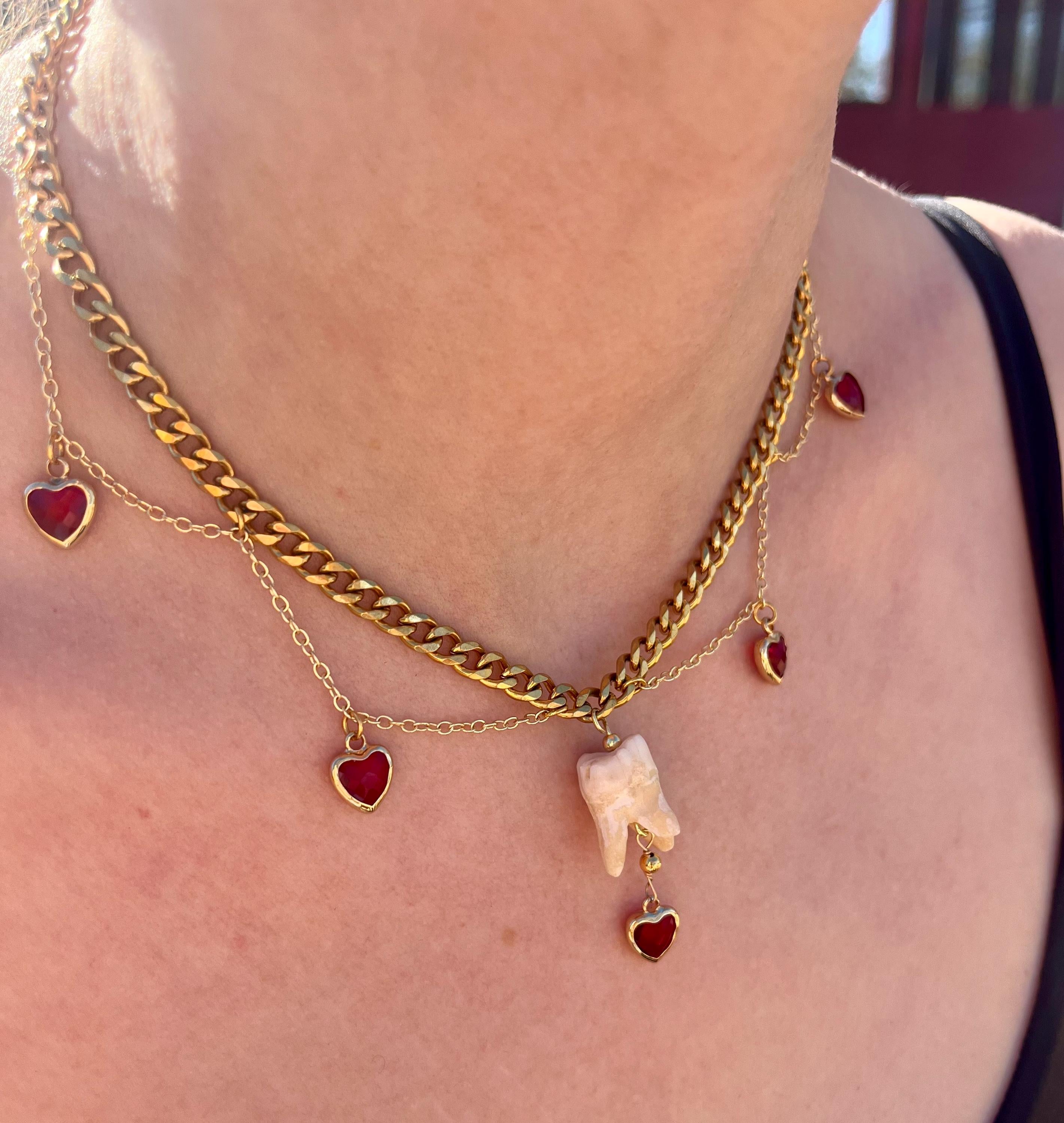 Human Tooth Necklace | Gold Plated Chain | Red Crystal Heart Charms | 16”