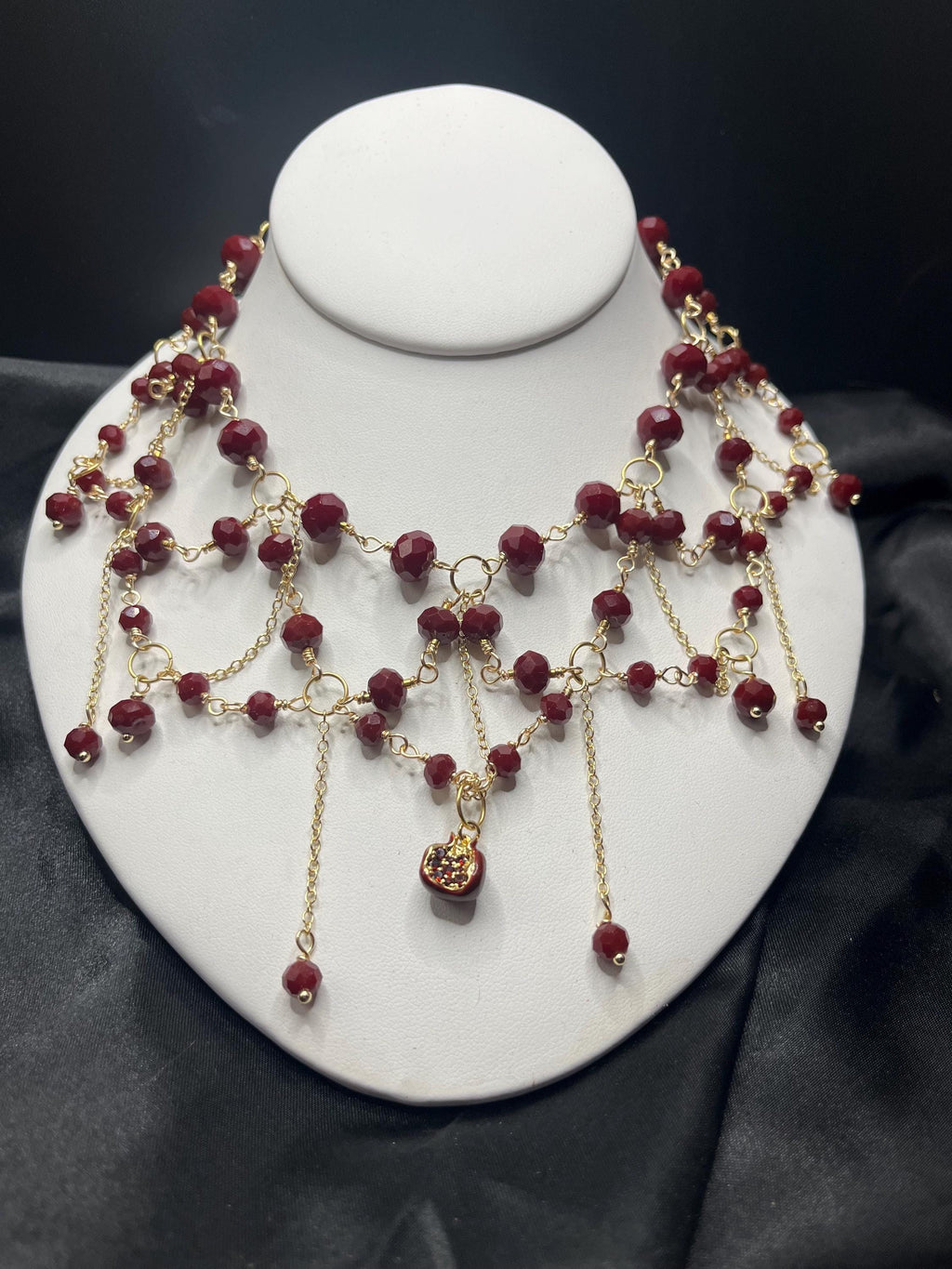 Queen of the Damned- Blood Red Crystal Draped Necklace with Pomegranate Charm, 18k Gold-Plated, 14–16”