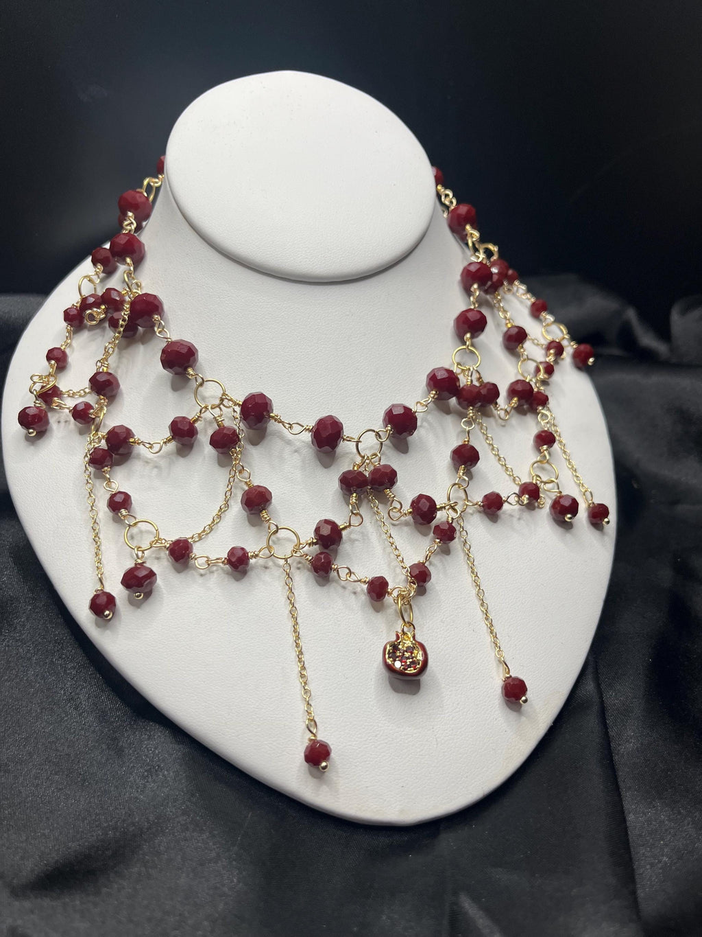 Queen of the Damned- Blood Red Crystal Draped Necklace with Pomegranate Charm, 18k Gold-Plated, 14–16”